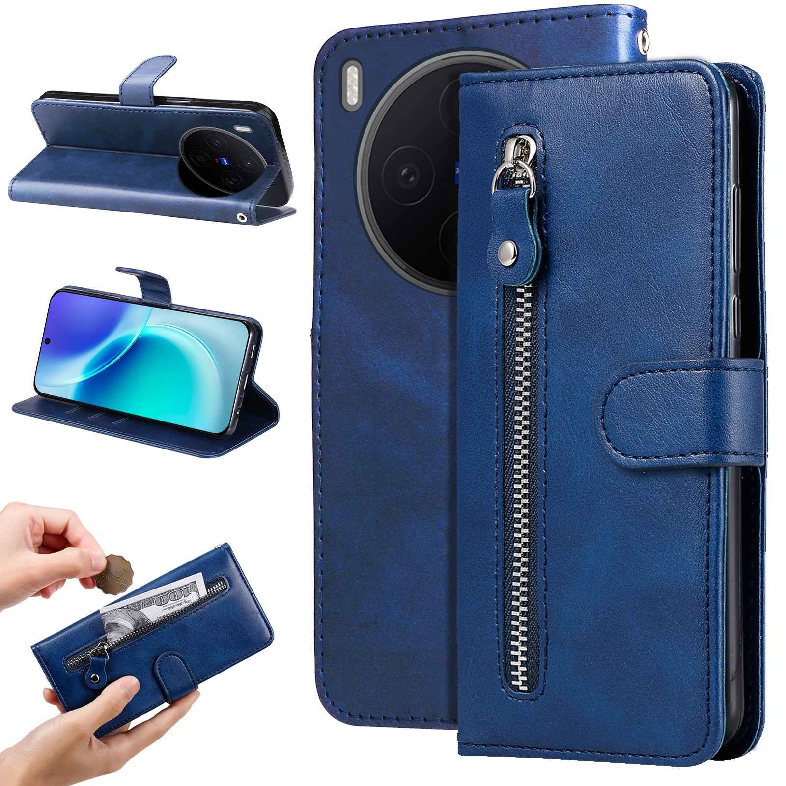 For vivo X300 5G PU Leather Cases with Zipper Pocket Wallet Phone Cover Stand - Blue