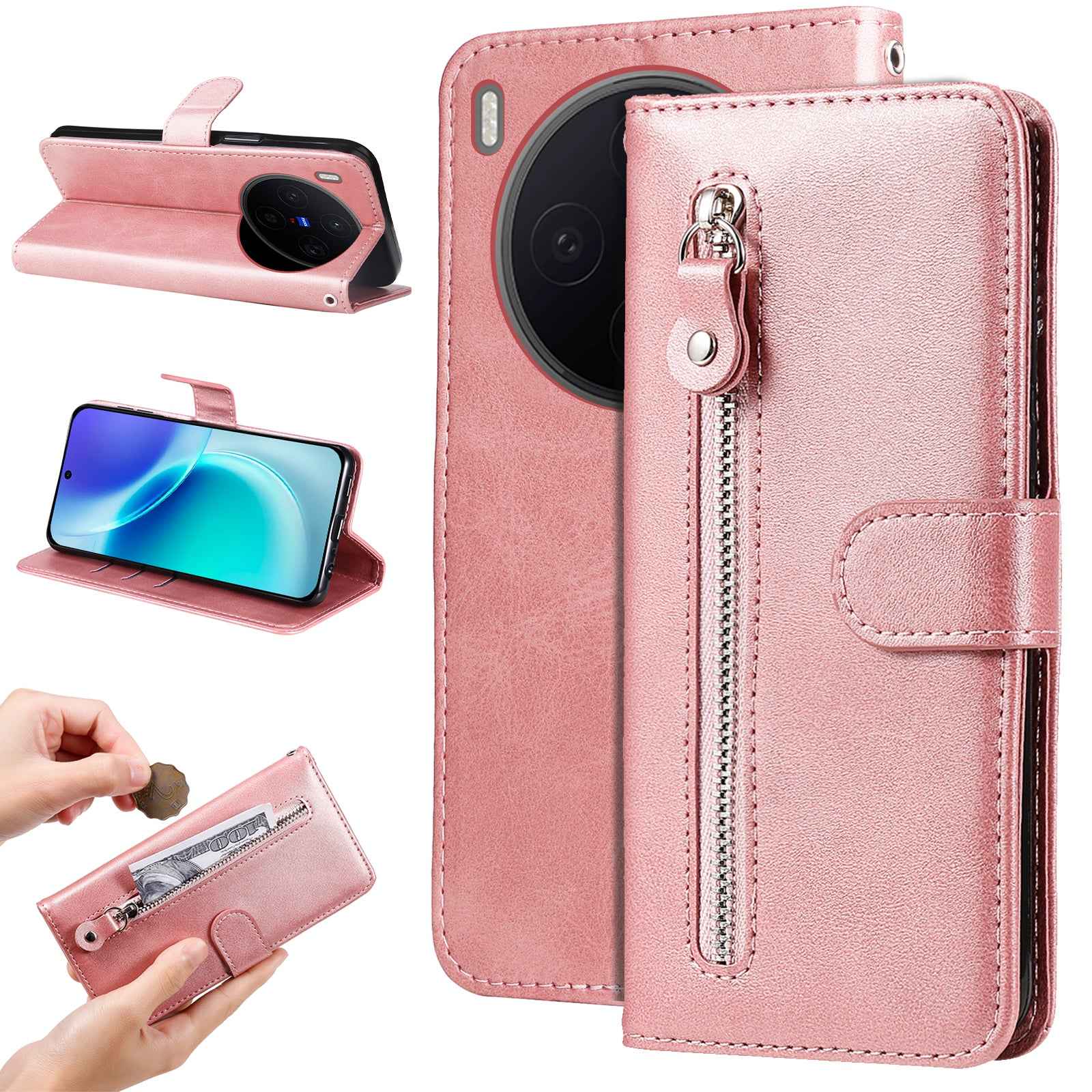 For vivo X300 5G PU Leather Cases with Zipper Pocket Wallet Phone Cover Stand - Pink