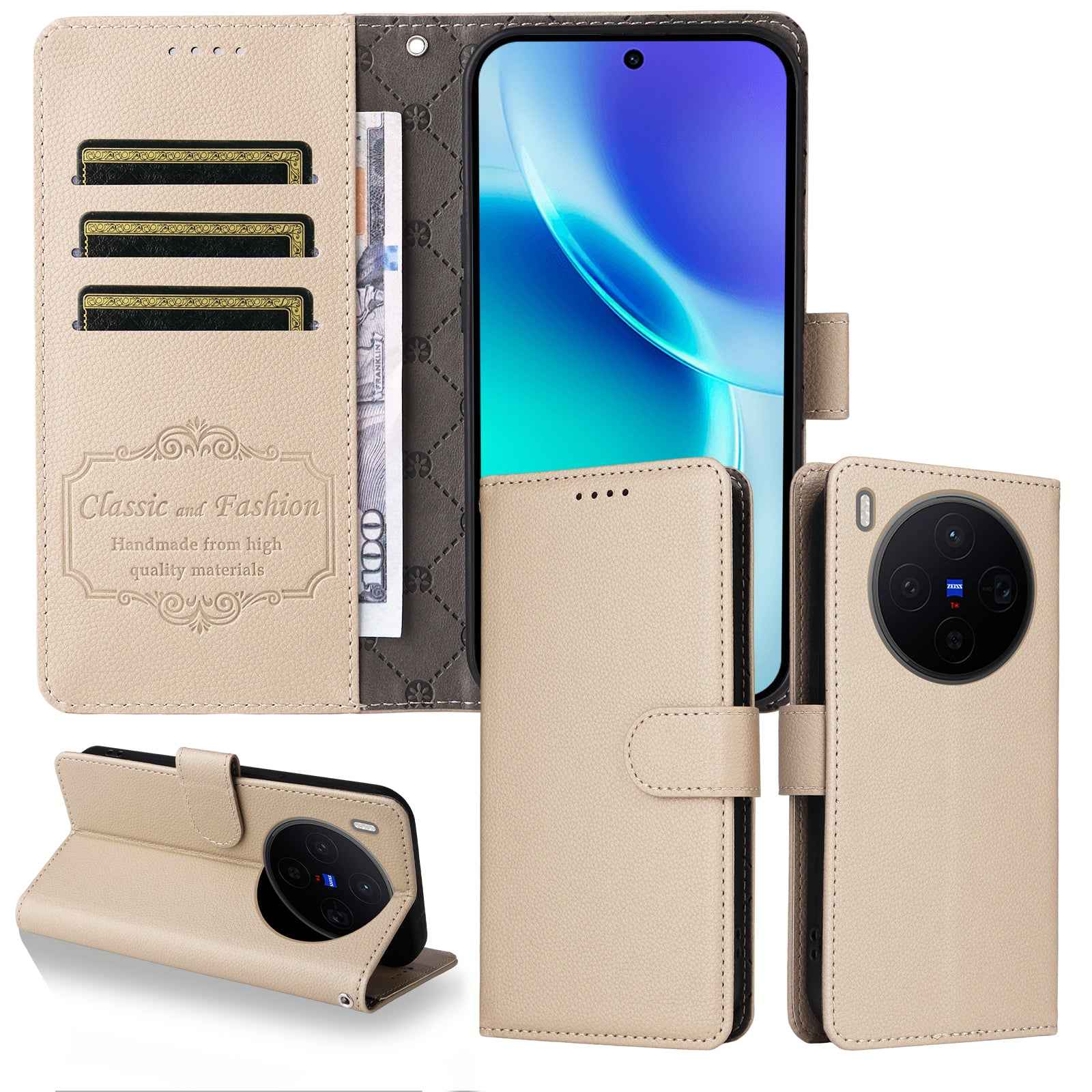 For vivo X300 5G Case RFID Blocking 3 Card Slots PU Leather Phone Cover with Wrist Strap - Creamy White