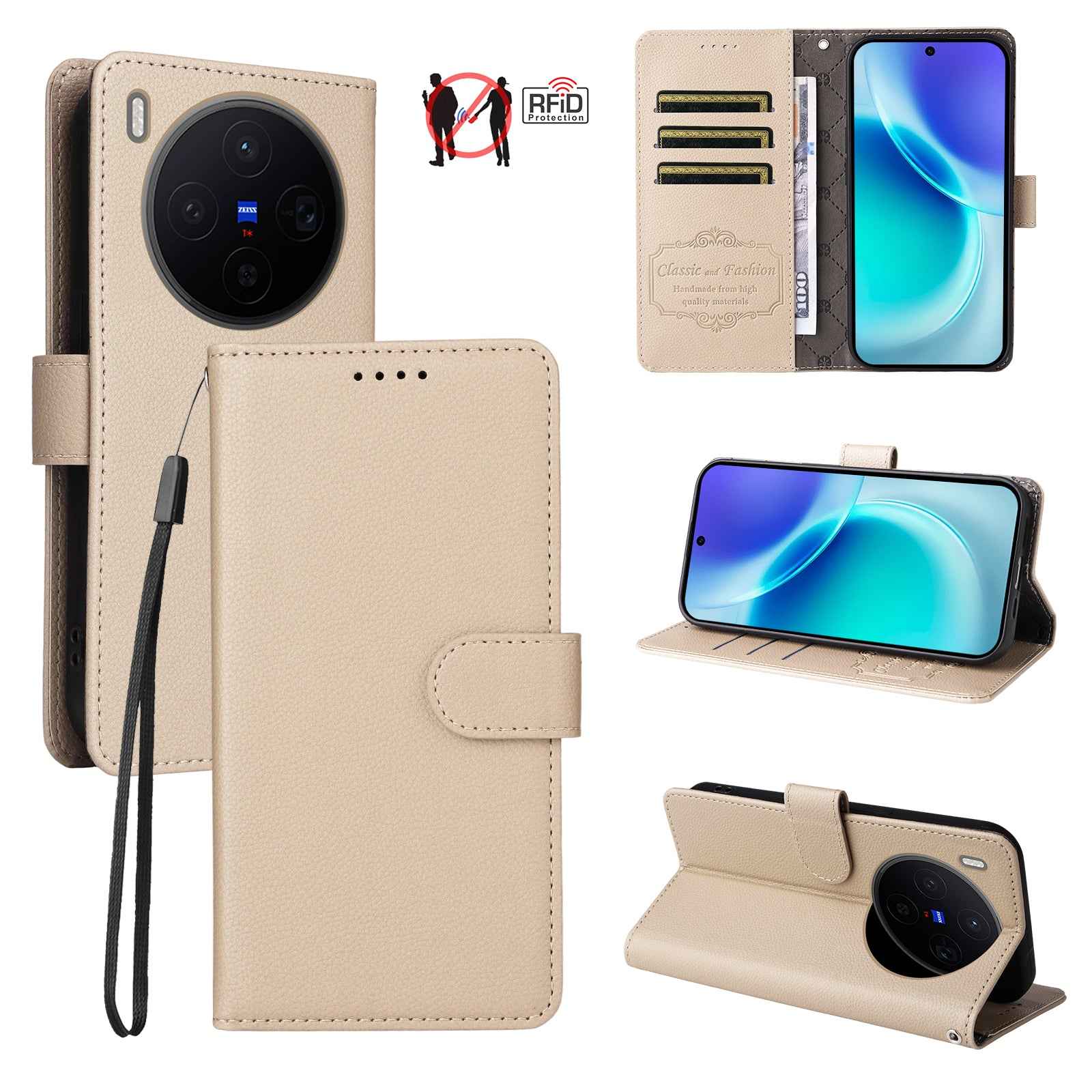 For vivo X300 5G Case RFID Blocking 3 Card Slots PU Leather Phone Cover with Wrist Strap - Creamy White