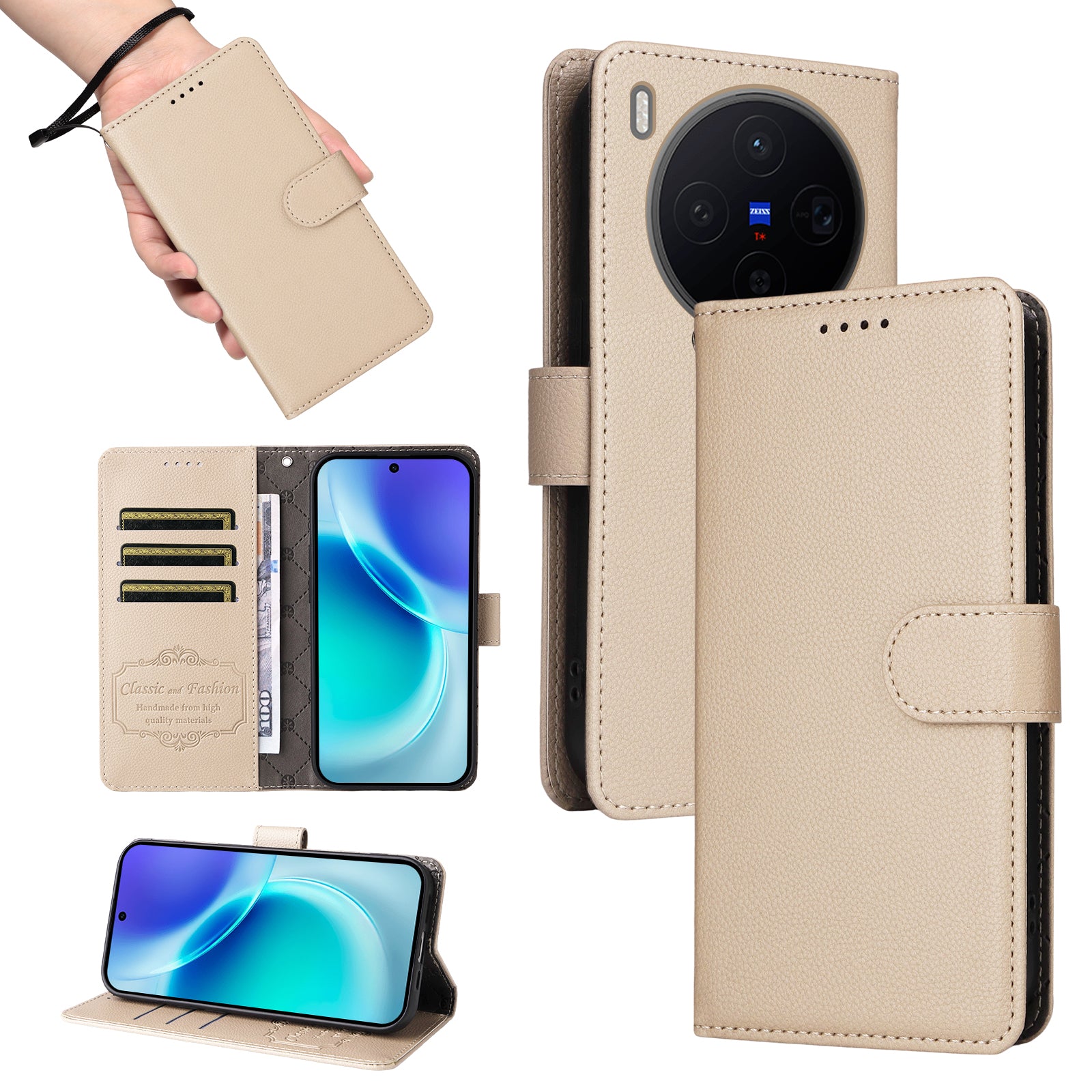 For vivo X300 5G Case RFID Blocking 3 Card Slots PU Leather Phone Cover with Wrist Strap - Creamy White