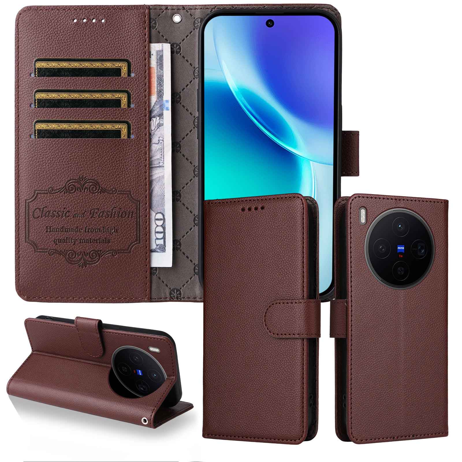 For vivo X300 5G Case RFID Blocking 3 Card Slots PU Leather Phone Cover with Wrist Strap - Brown