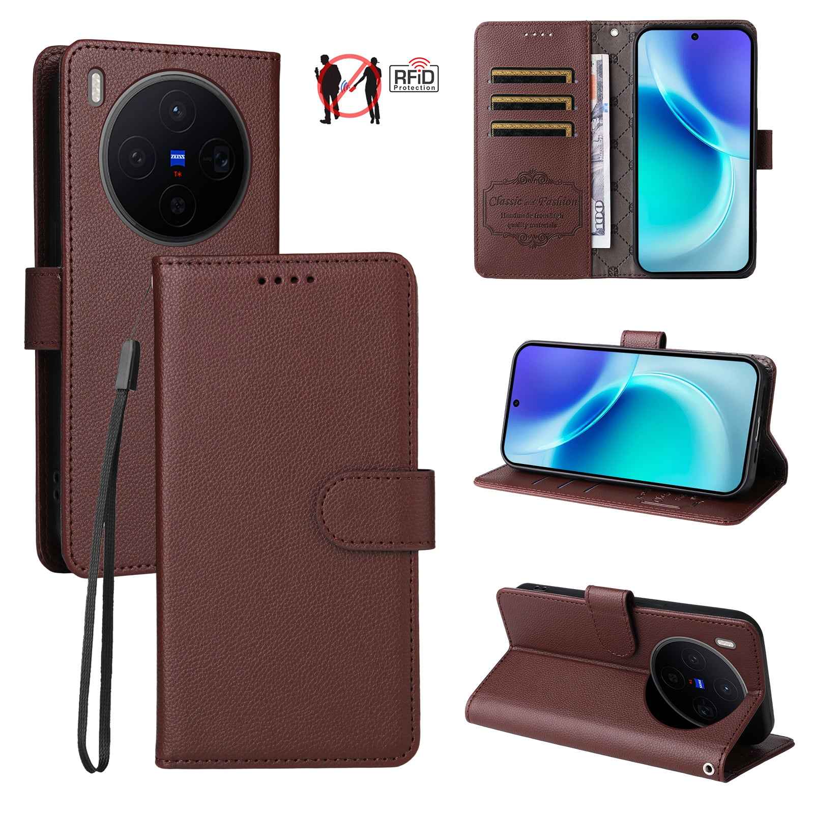 For vivo X300 5G Case RFID Blocking 3 Card Slots PU Leather Phone Cover with Wrist Strap - Brown