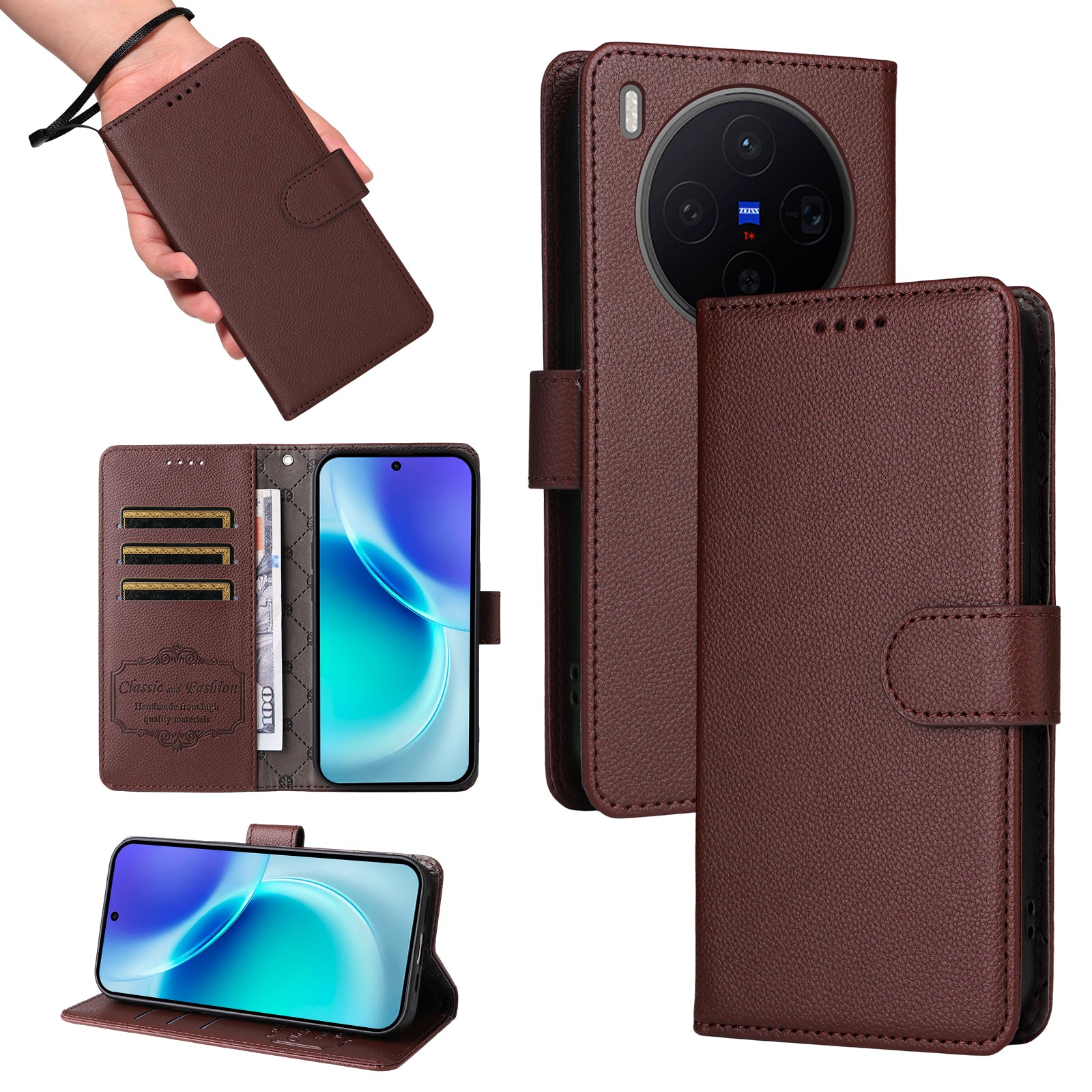 For vivo X300 5G Case RFID Blocking 3 Card Slots PU Leather Phone Cover with Wrist Strap - Brown
