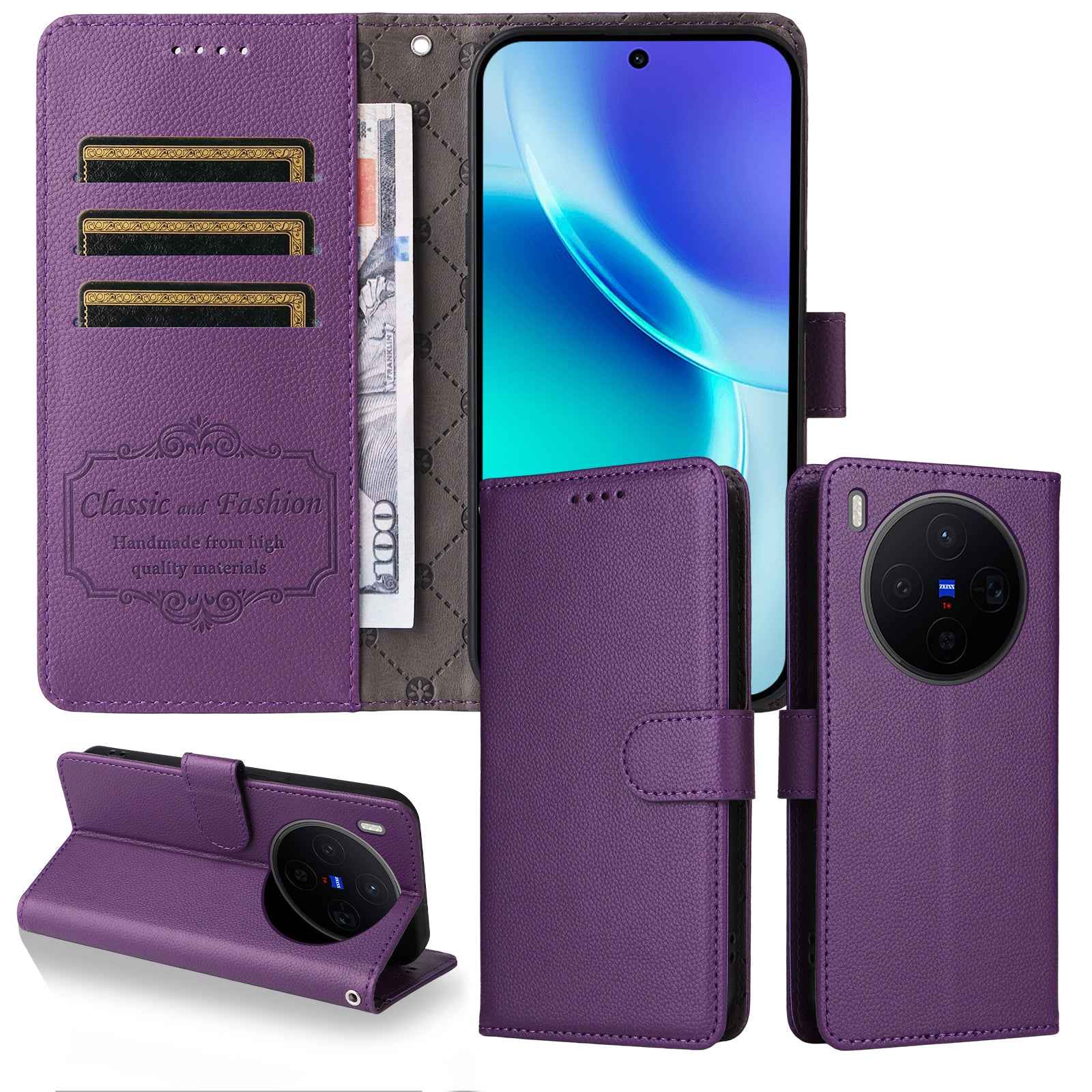 For vivo X300 5G Case RFID Blocking 3 Card Slots PU Leather Phone Cover with Wrist Strap - Purple