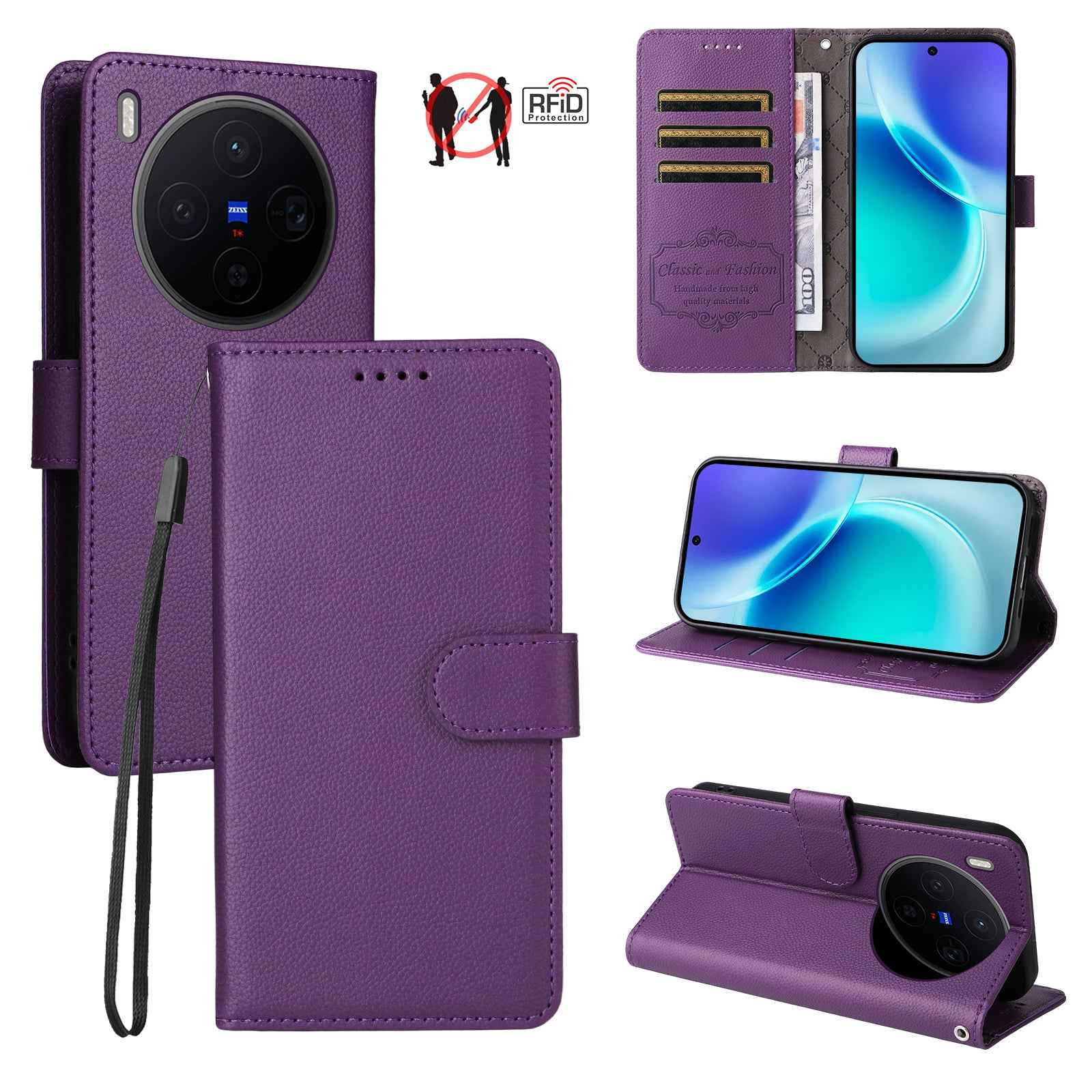 For vivo X300 5G Case RFID Blocking 3 Card Slots PU Leather Phone Cover with Wrist Strap - Purple