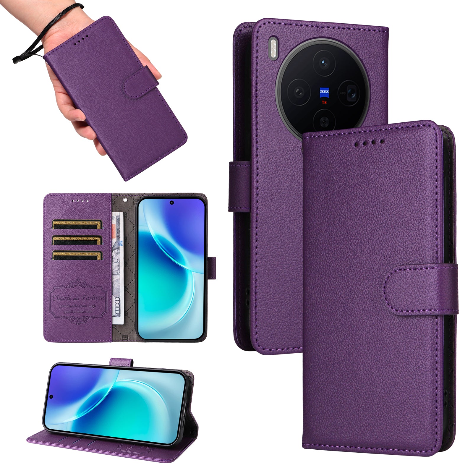 For vivo X300 5G Case RFID Blocking 3 Card Slots PU Leather Phone Cover with Wrist Strap - Purple