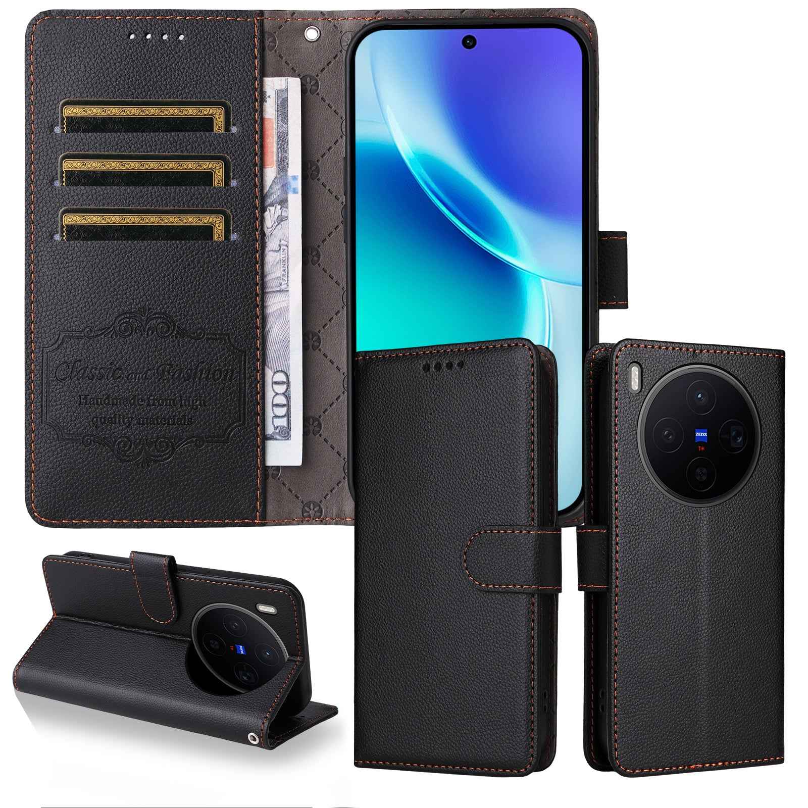 For vivo X300 5G Case RFID Blocking 3 Card Slots PU Leather Phone Cover with Wrist Strap - Black