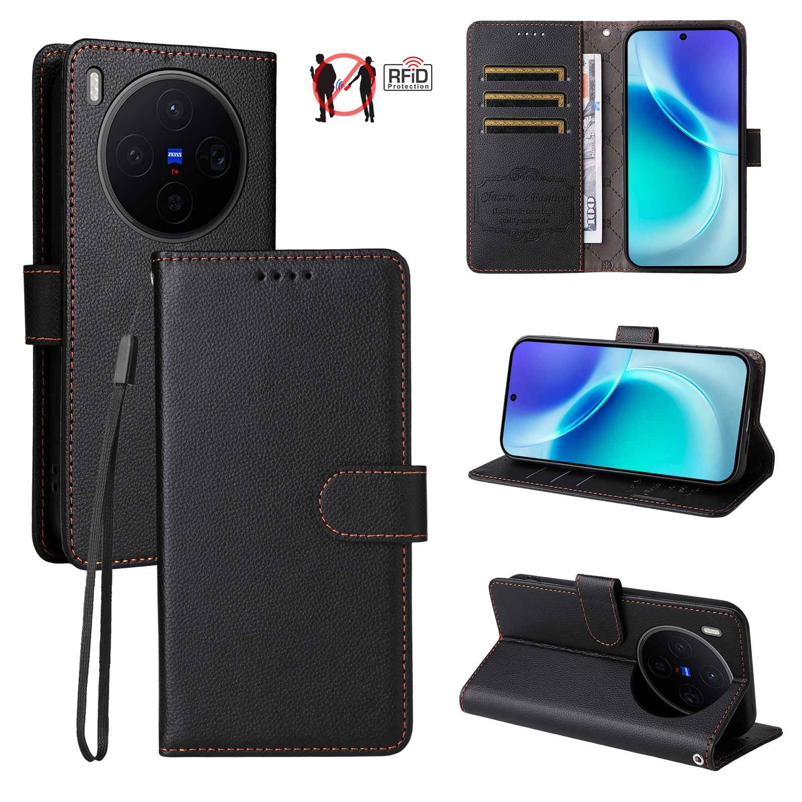 For vivo X300 5G Case RFID Blocking 3 Card Slots PU Leather Phone Cover with Wrist Strap - Black
