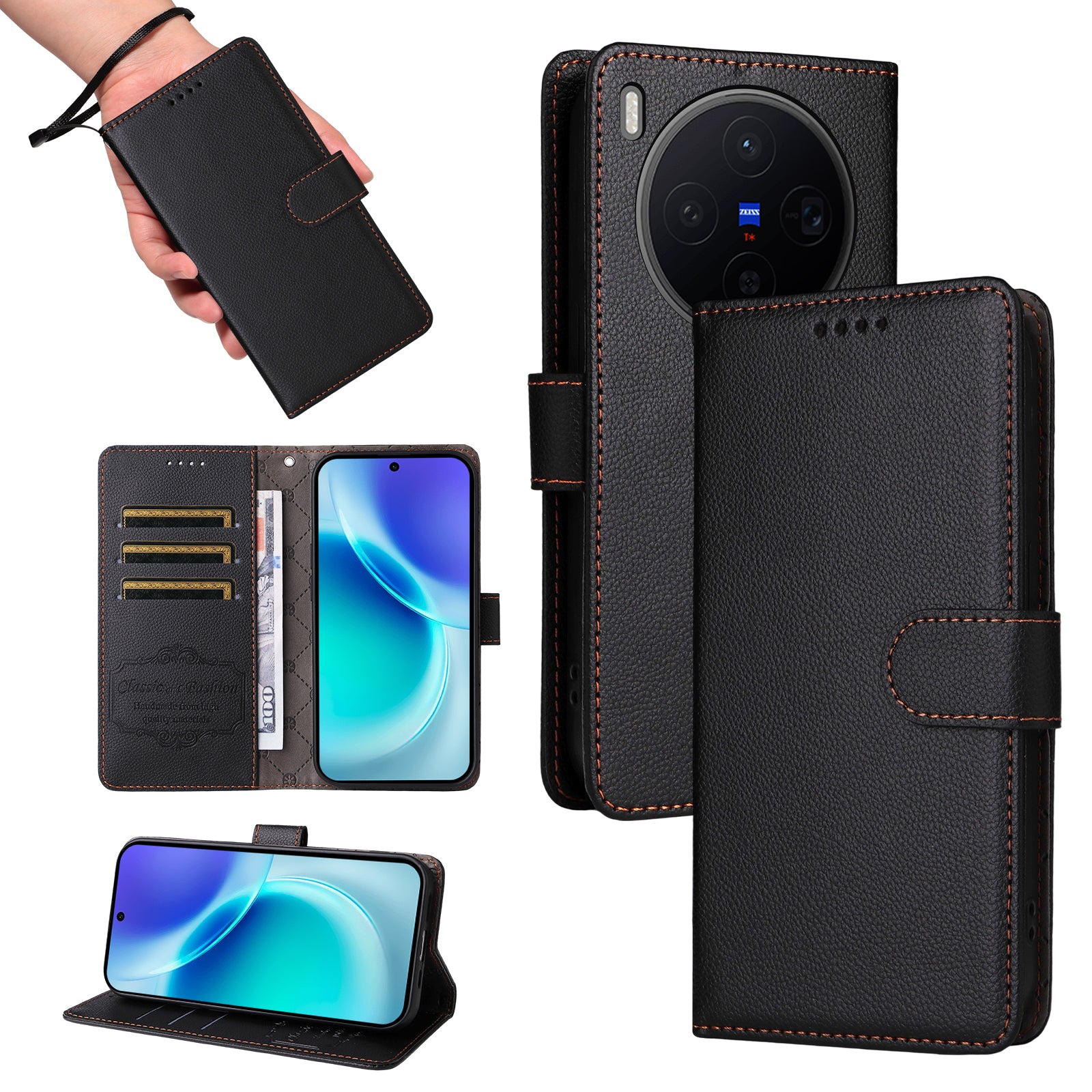 For vivo X300 5G Case RFID Blocking 3 Card Slots PU Leather Phone Cover with Wrist Strap - Black