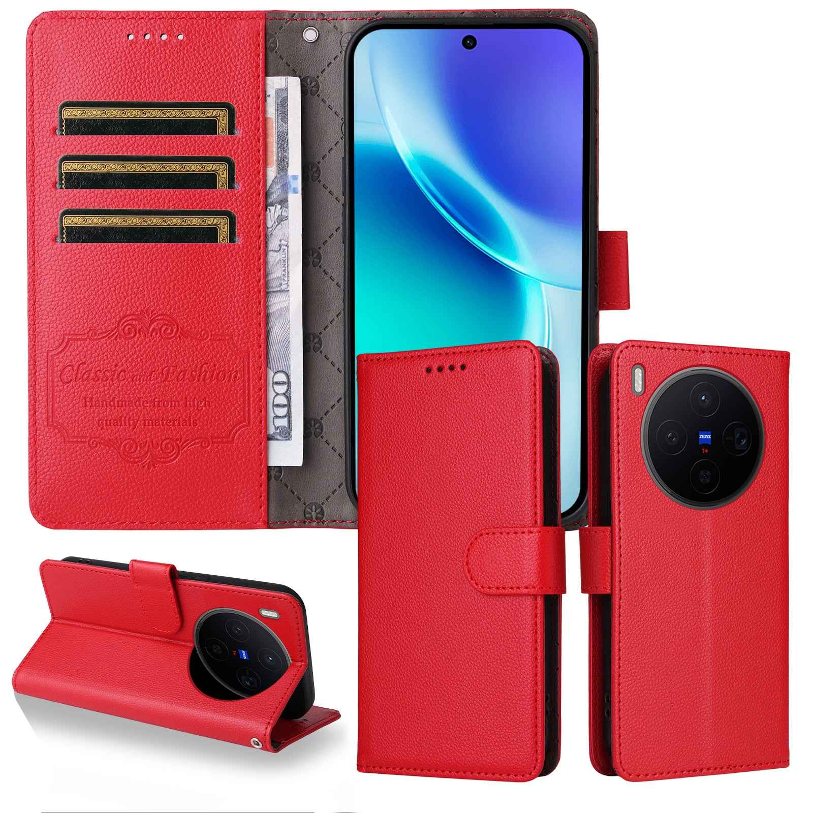 For vivo X300 5G Case RFID Blocking 3 Card Slots PU Leather Phone Cover with Wrist Strap - Red