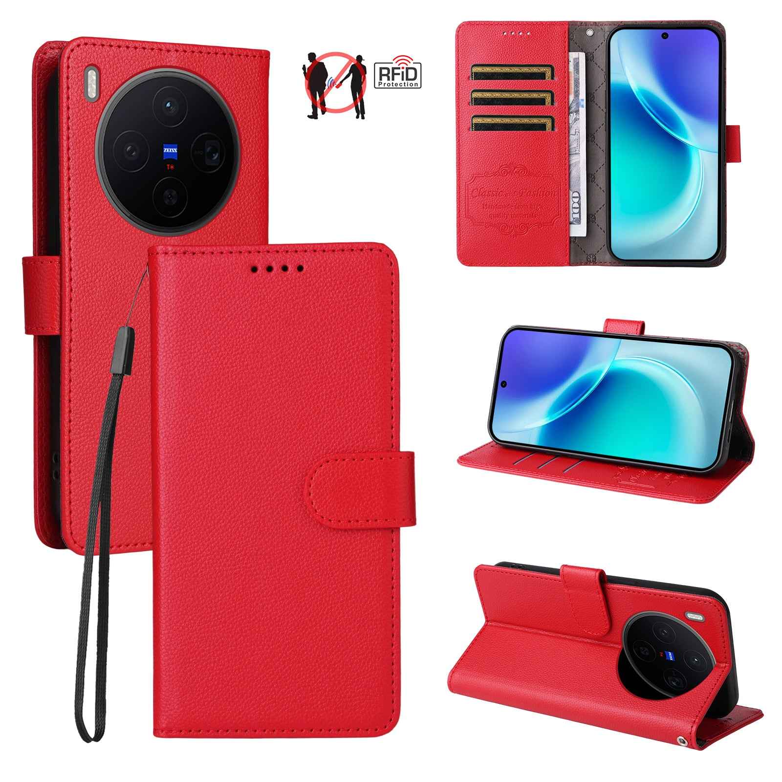 For vivo X300 5G Case RFID Blocking 3 Card Slots PU Leather Phone Cover with Wrist Strap - Red