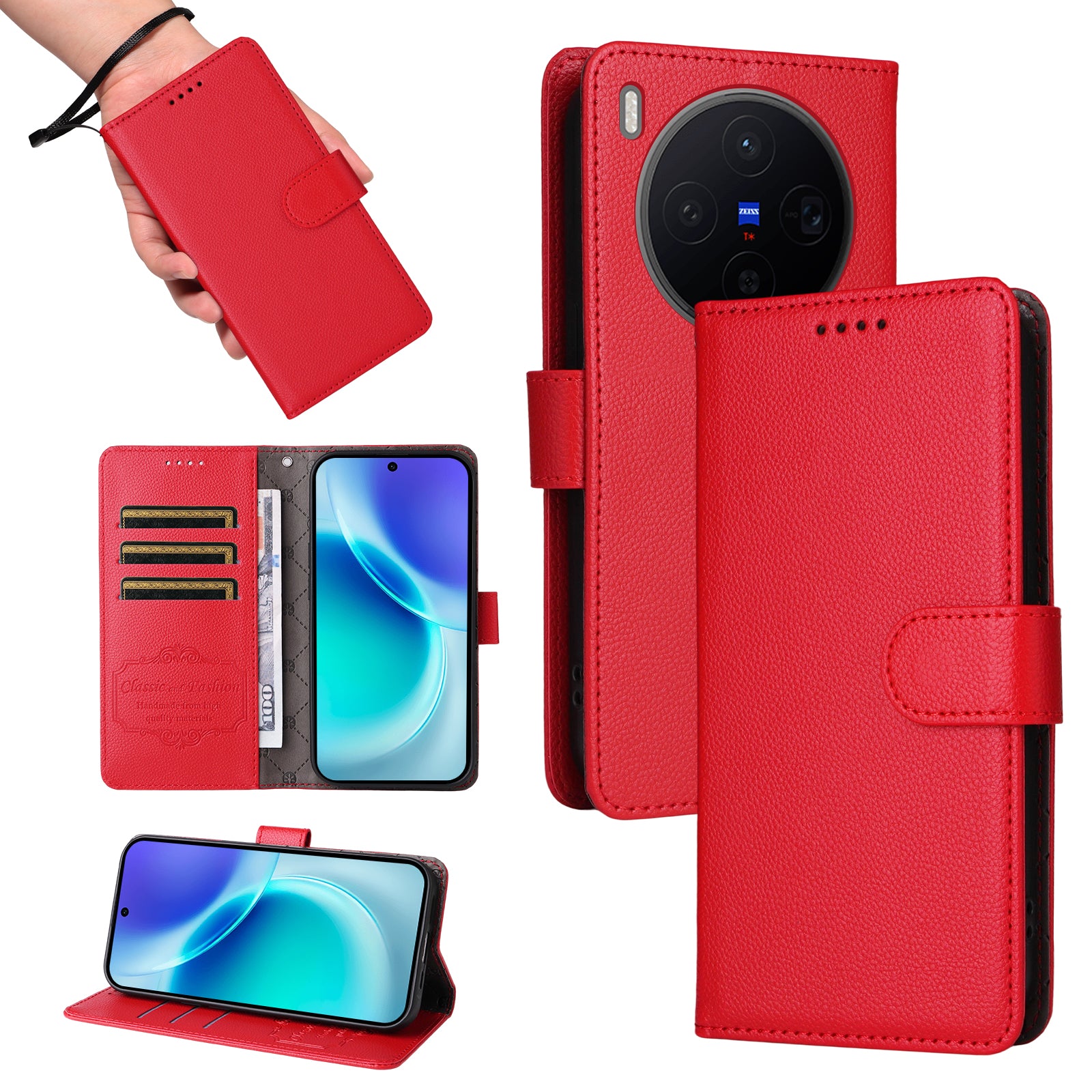 For vivo X300 5G Case RFID Blocking 3 Card Slots PU Leather Phone Cover with Wrist Strap - Red