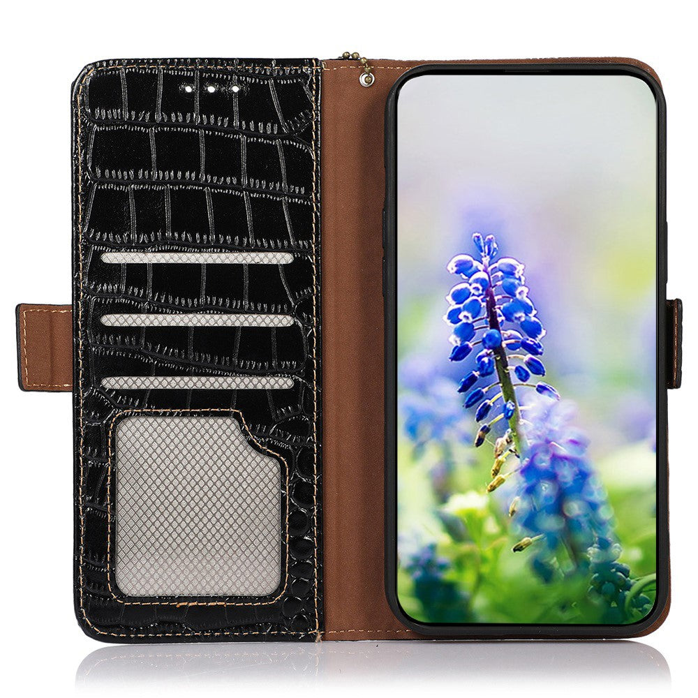 For Motorola Edge 70 5G Case RFID Blocking Wallet Crocodile Texture Genuine Cow Leather Phone Cover - Black