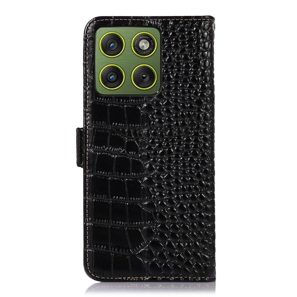 For Motorola Edge 70 5G Case RFID Blocking Wallet Crocodile Texture Genuine Cow Leather Phone Cover - Black