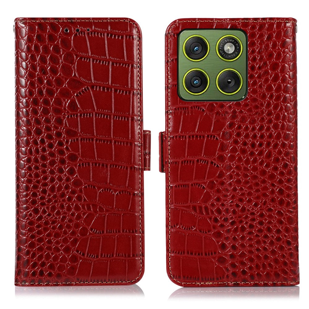 For Motorola Edge 70 5G Case RFID Blocking Wallet Crocodile Texture Genuine Cow Leather Phone Cover - Red