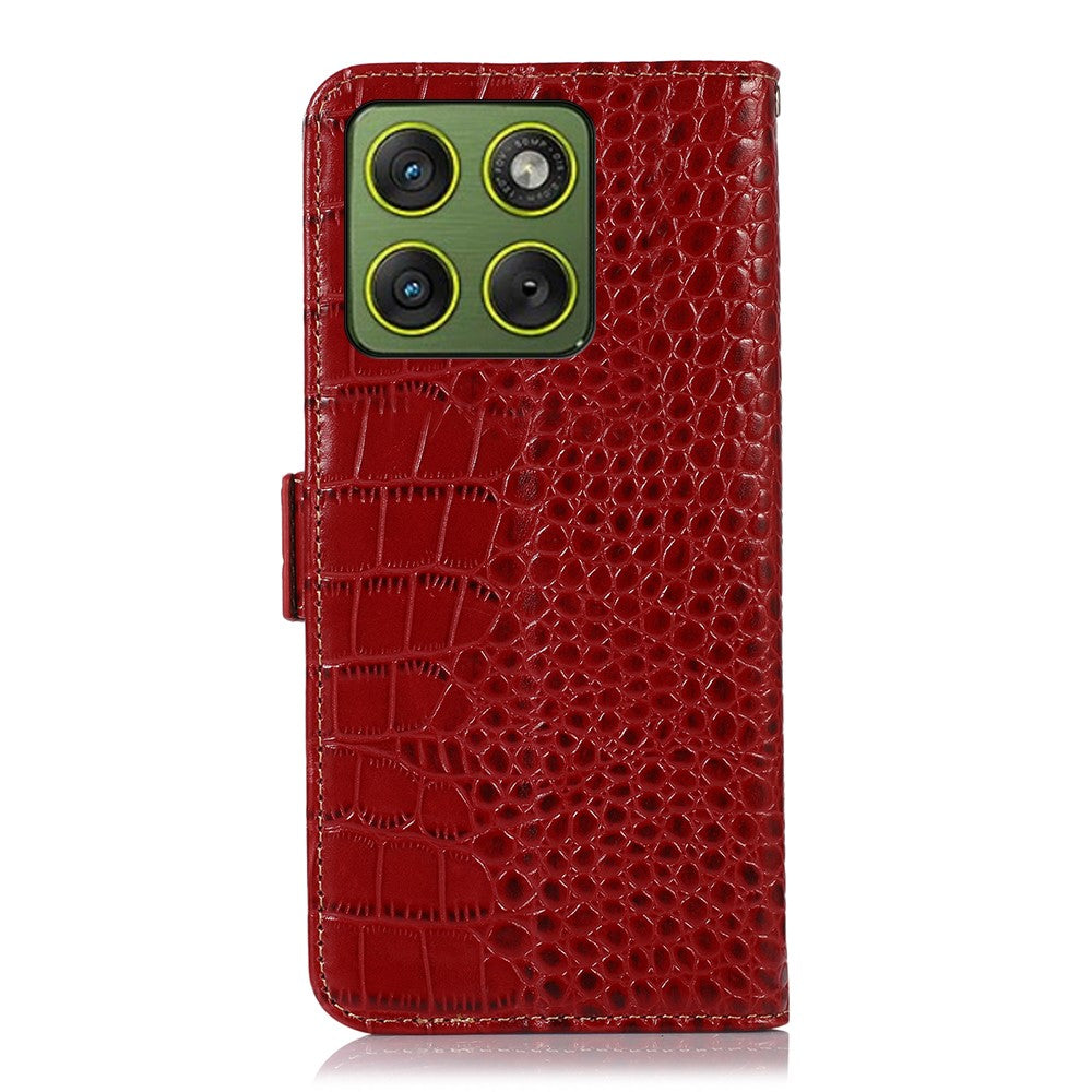 For Motorola Edge 70 5G Case RFID Blocking Wallet Crocodile Texture Genuine Cow Leather Phone Cover - Red