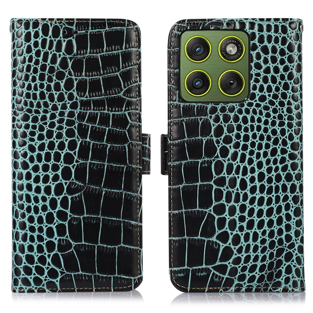 For Motorola Edge 70 5G Case RFID Blocking Wallet Crocodile Texture Genuine Cow Leather Phone Cover - Green