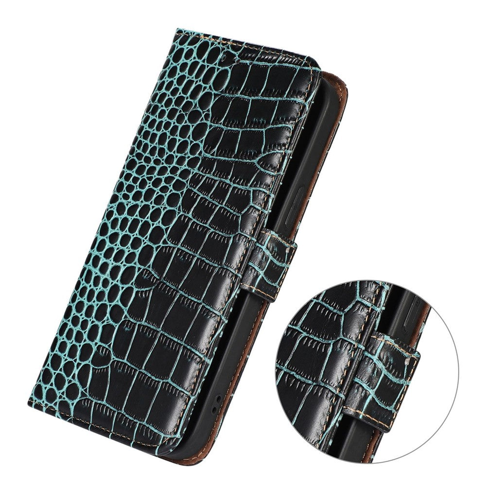 For Motorola Edge 70 5G Case RFID Blocking Wallet Crocodile Texture Genuine Cow Leather Phone Cover - Green