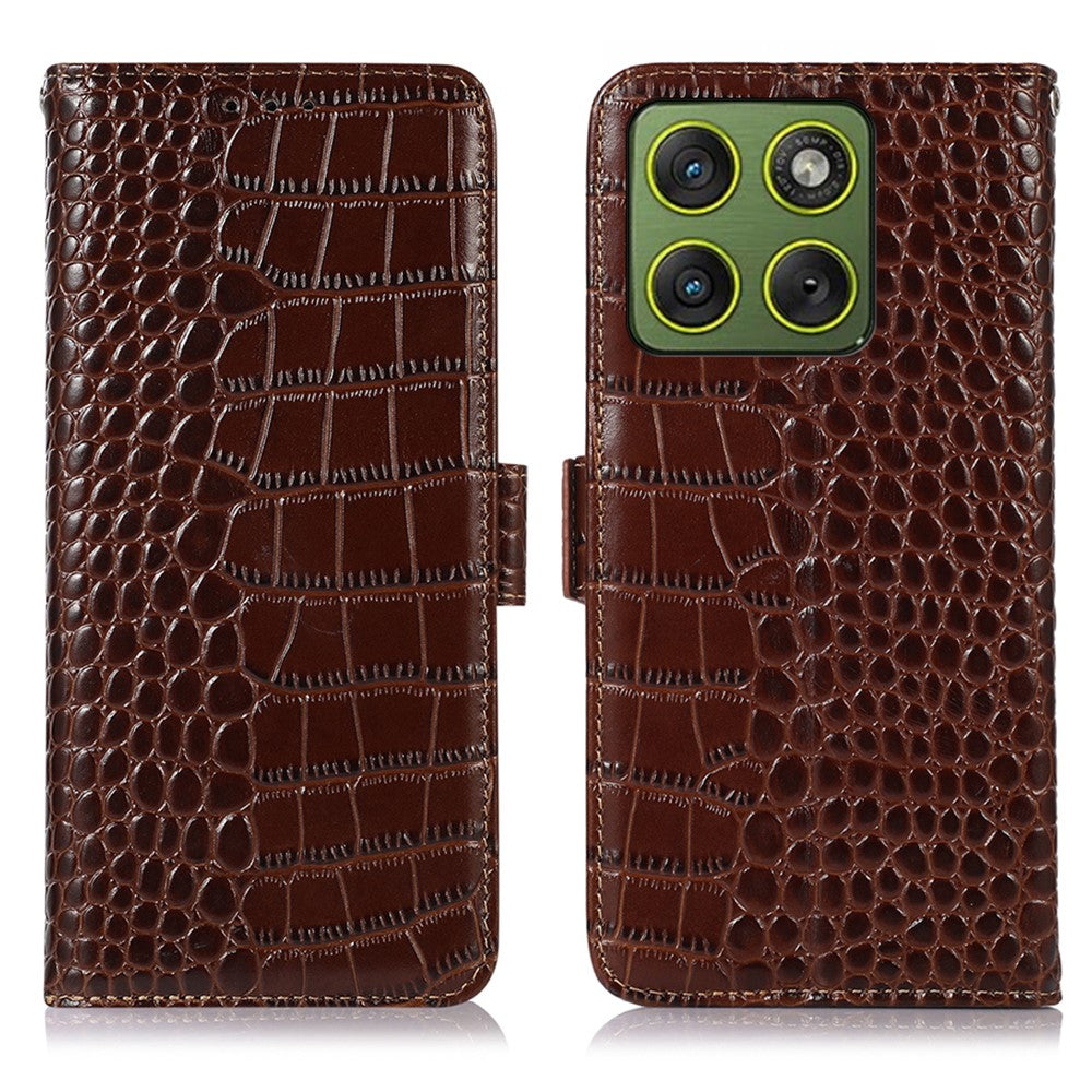 For Motorola Edge 70 5G Case RFID Blocking Wallet Crocodile Texture Genuine Cow Leather Phone Cover - Brown