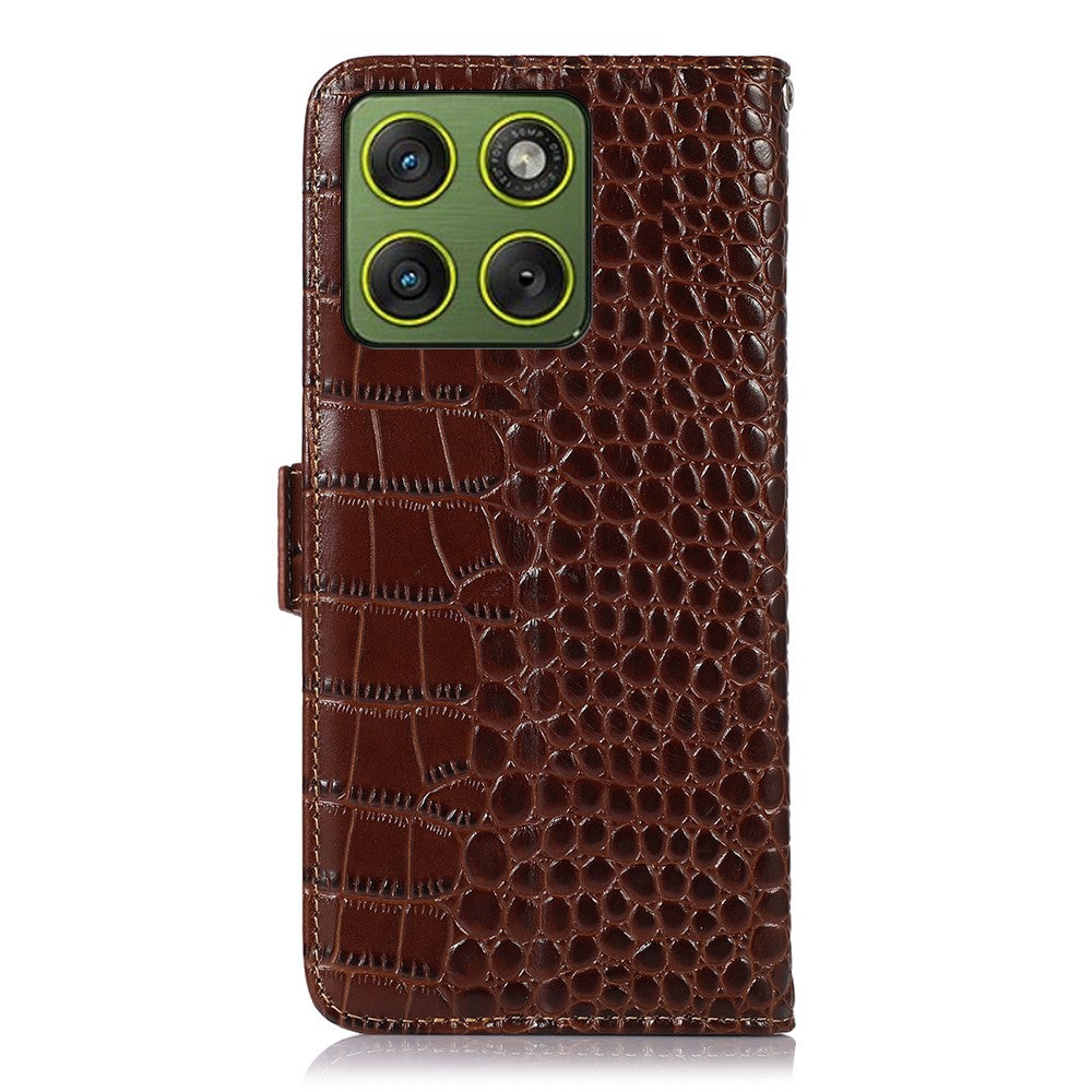 For Motorola Edge 70 5G Case RFID Blocking Wallet Crocodile Texture Genuine Cow Leather Phone Cover - Brown