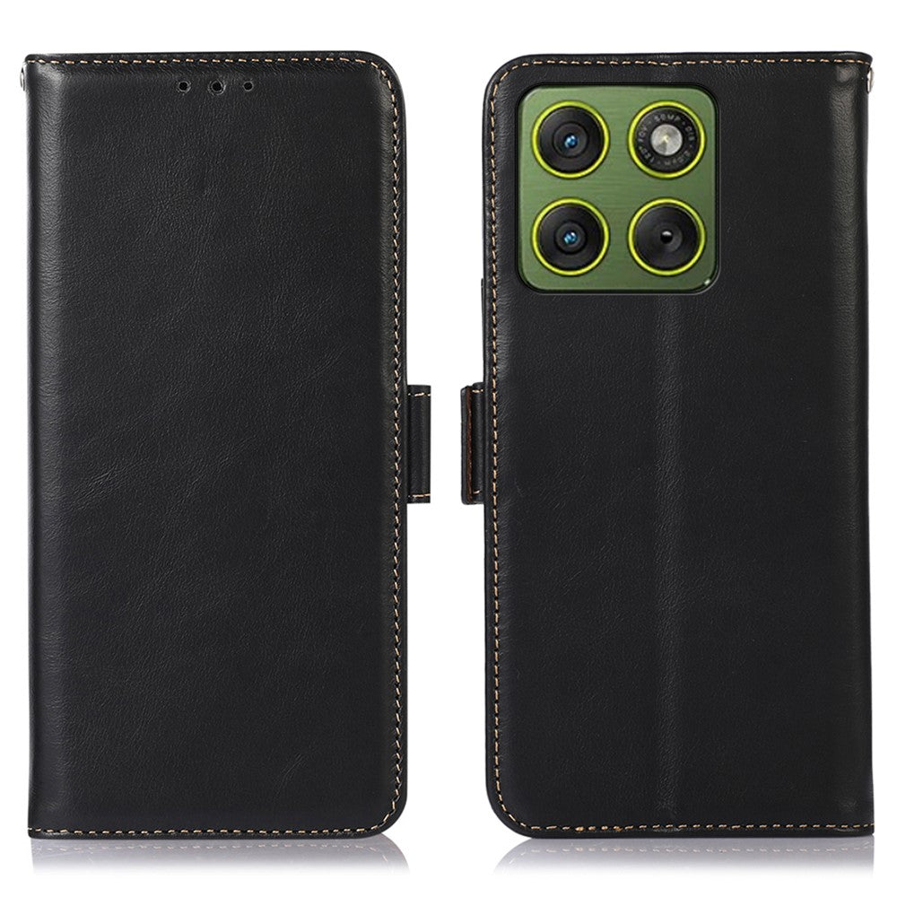 For Motorola Edge 70 5G Case RFID Blocking Genuine Cow Leather Wallet Phone Cover - Black