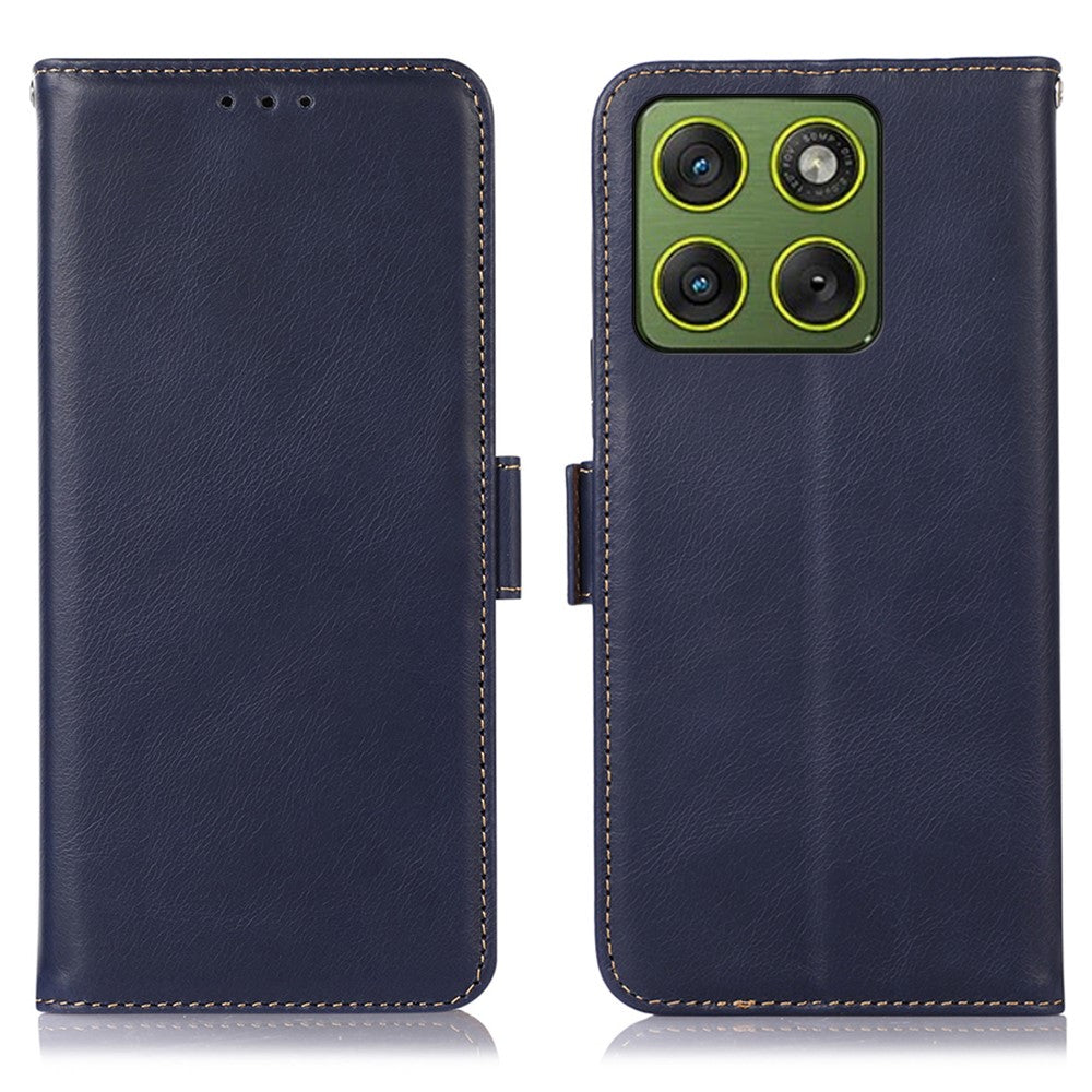 For Motorola Edge 70 5G Case RFID Blocking Genuine Cow Leather Wallet Phone Cover - Blue