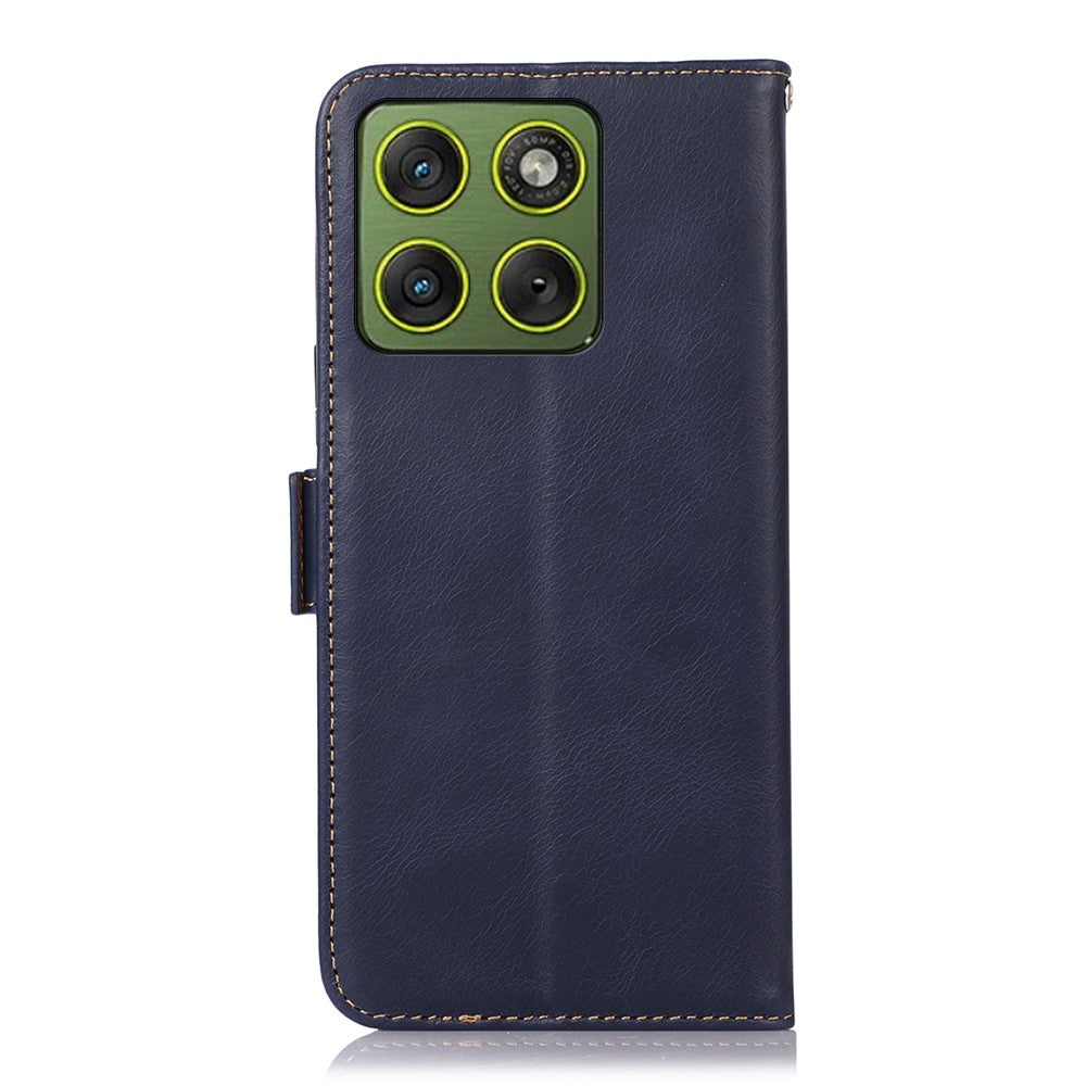For Motorola Edge 70 5G Case RFID Blocking Genuine Cow Leather Wallet Phone Cover - Blue
