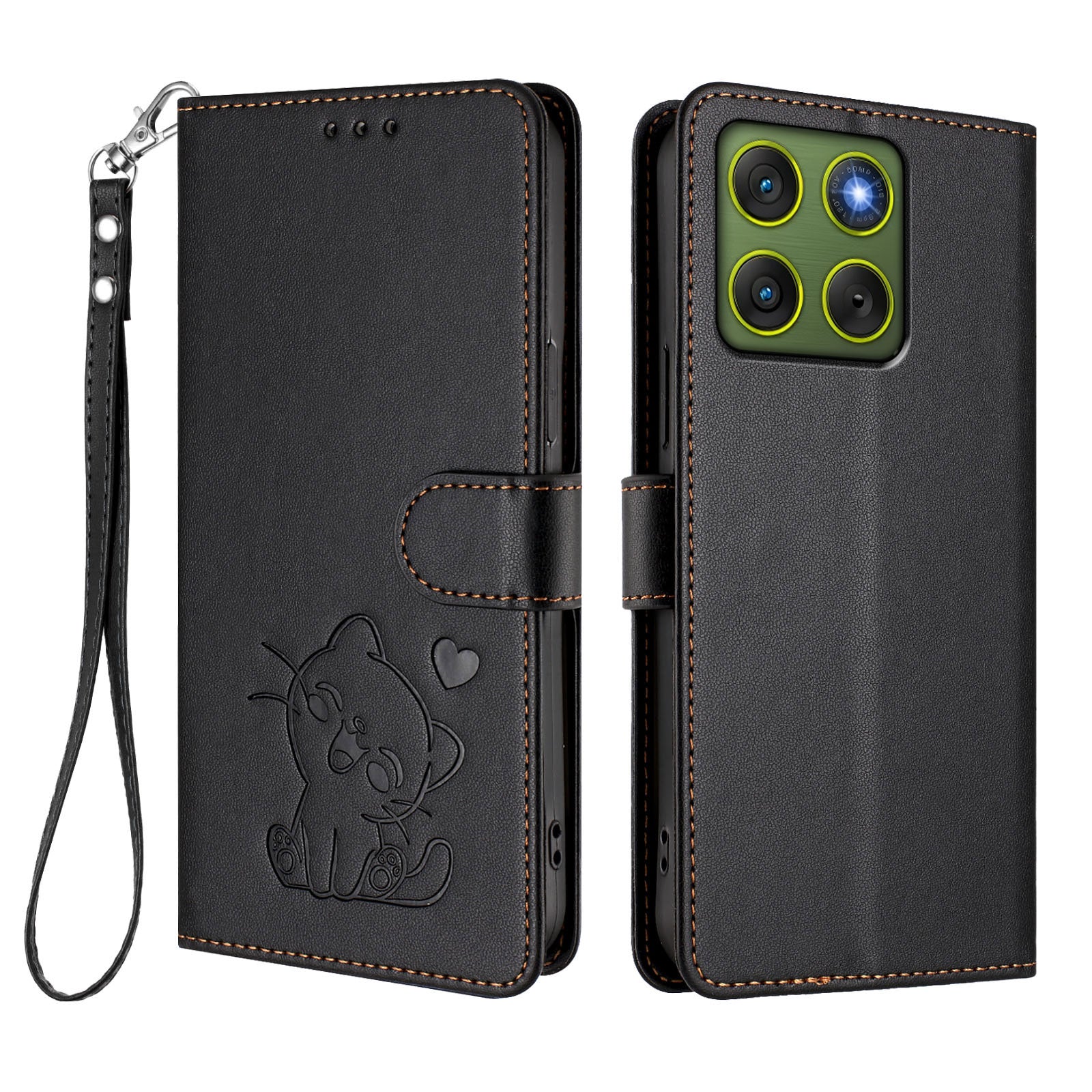 For Motorola Edge 70 5G Wallet Case with Wrist Strap Love Cat Pattern Imprint Leather Phone Cover - Black