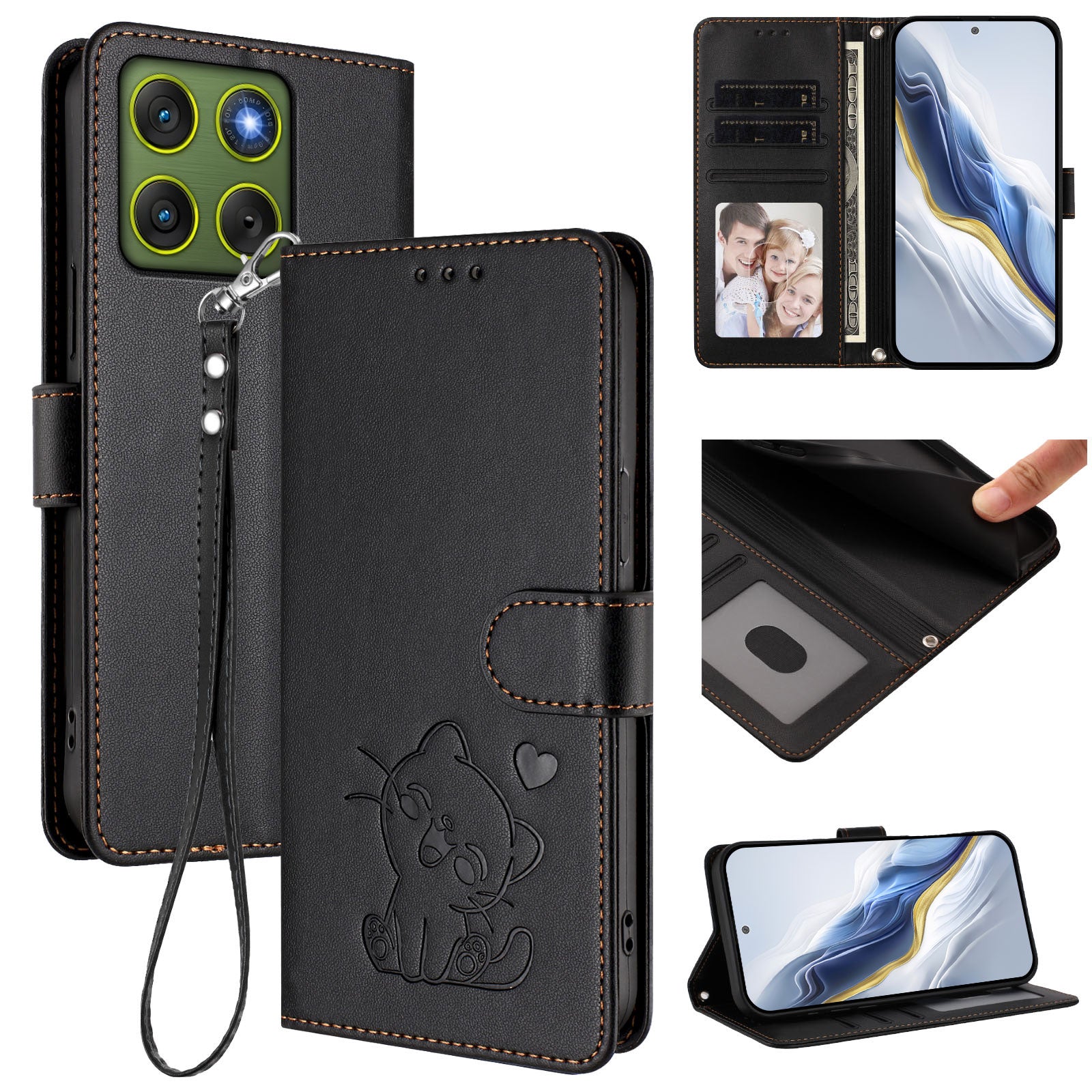 For Motorola Edge 70 5G Wallet Case with Wrist Strap Love Cat Pattern Imprint Leather Phone Cover - Black