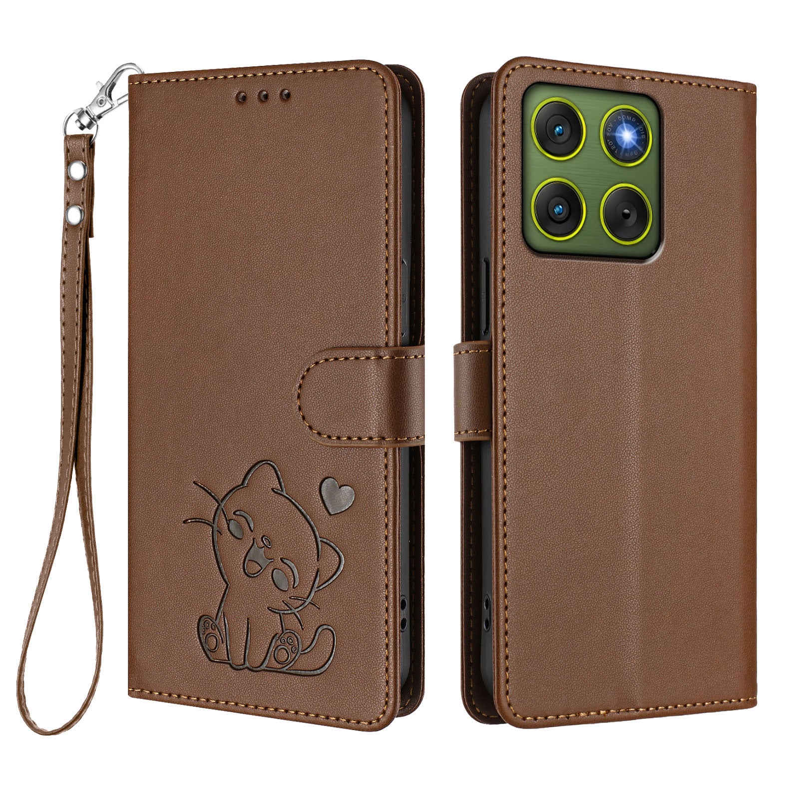 For Motorola Edge 70 5G Wallet Case with Wrist Strap Love Cat Pattern Imprint Leather Phone Cover - Brown