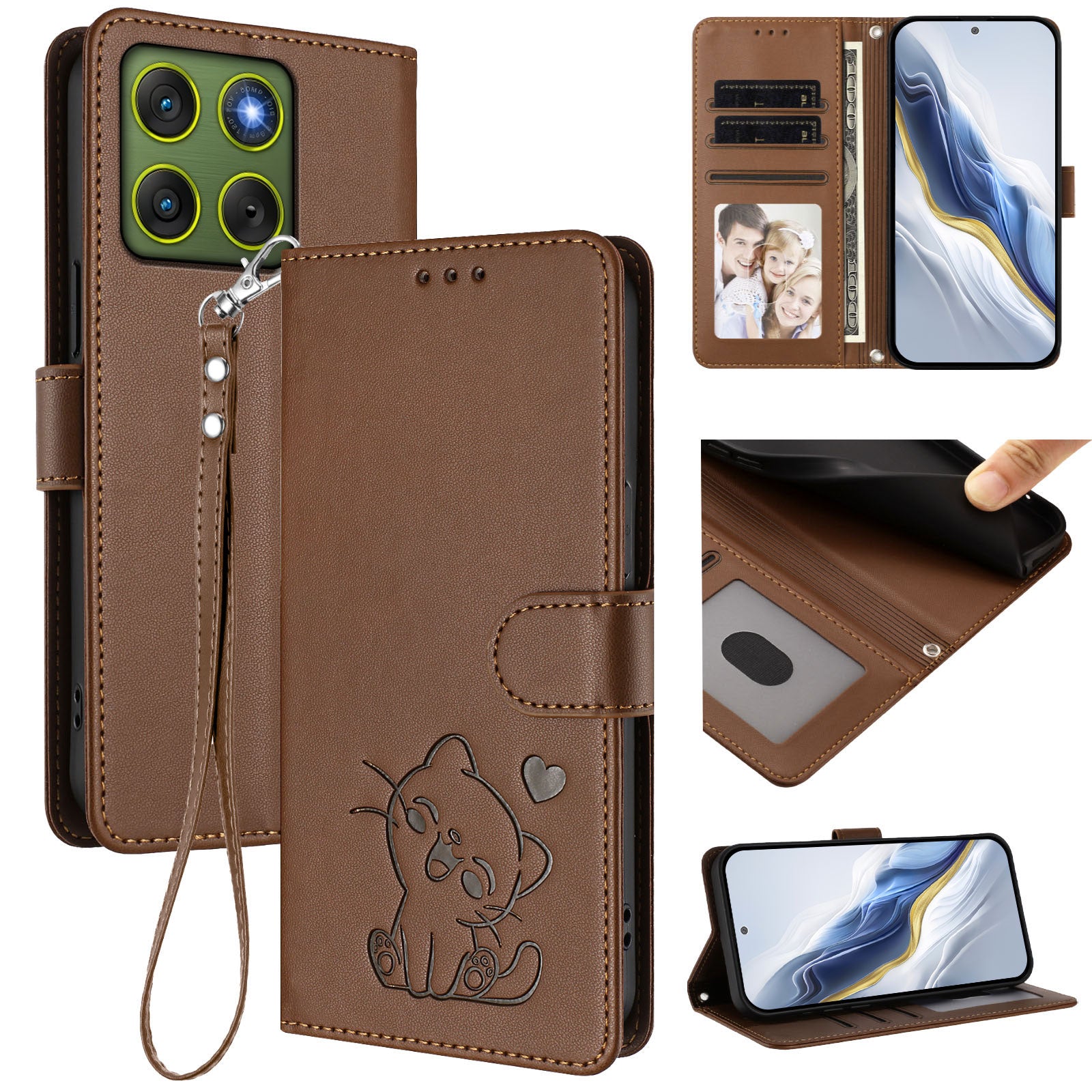 For Motorola Edge 70 5G Wallet Case with Wrist Strap Love Cat Pattern Imprint Leather Phone Cover - Brown