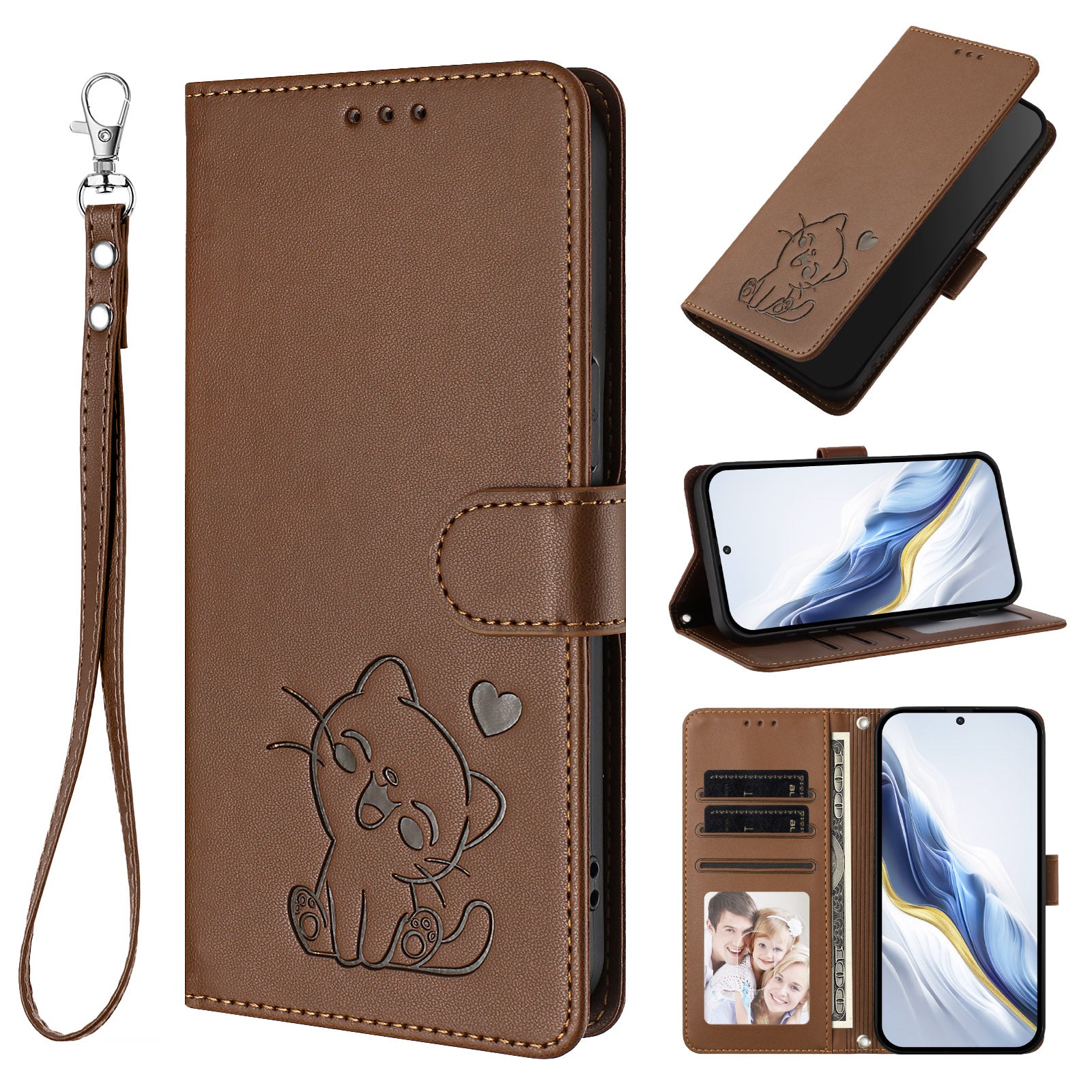 For Motorola Edge 70 5G Wallet Case with Wrist Strap Love Cat Pattern Imprint Leather Phone Cover - Brown