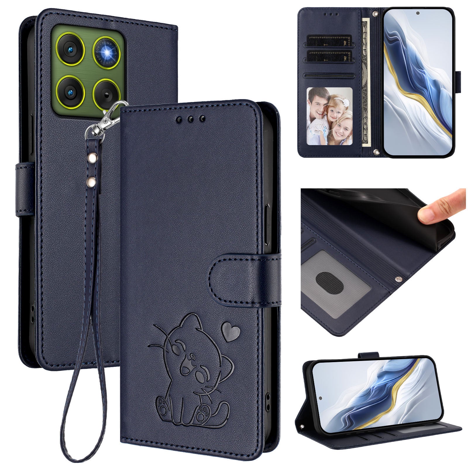 For Motorola Edge 70 5G Wallet Case with Wrist Strap Love Cat Pattern Imprint Leather Phone Cover - Blue