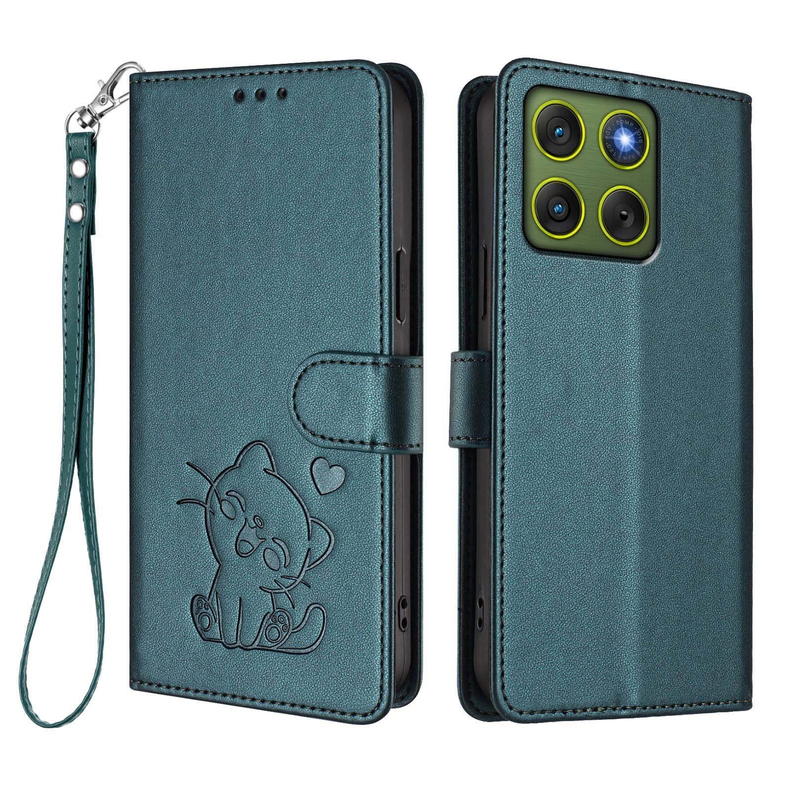 For Motorola Edge 70 5G Wallet Case with Wrist Strap Love Cat Pattern Imprint Leather Phone Cover - Green