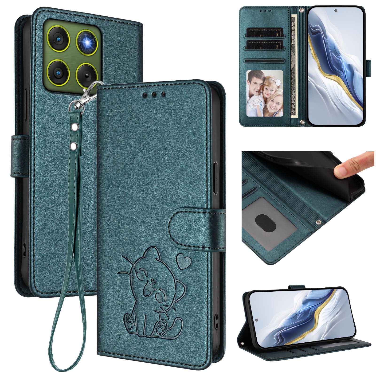 For Motorola Edge 70 5G Wallet Case with Wrist Strap Love Cat Pattern Imprint Leather Phone Cover - Green