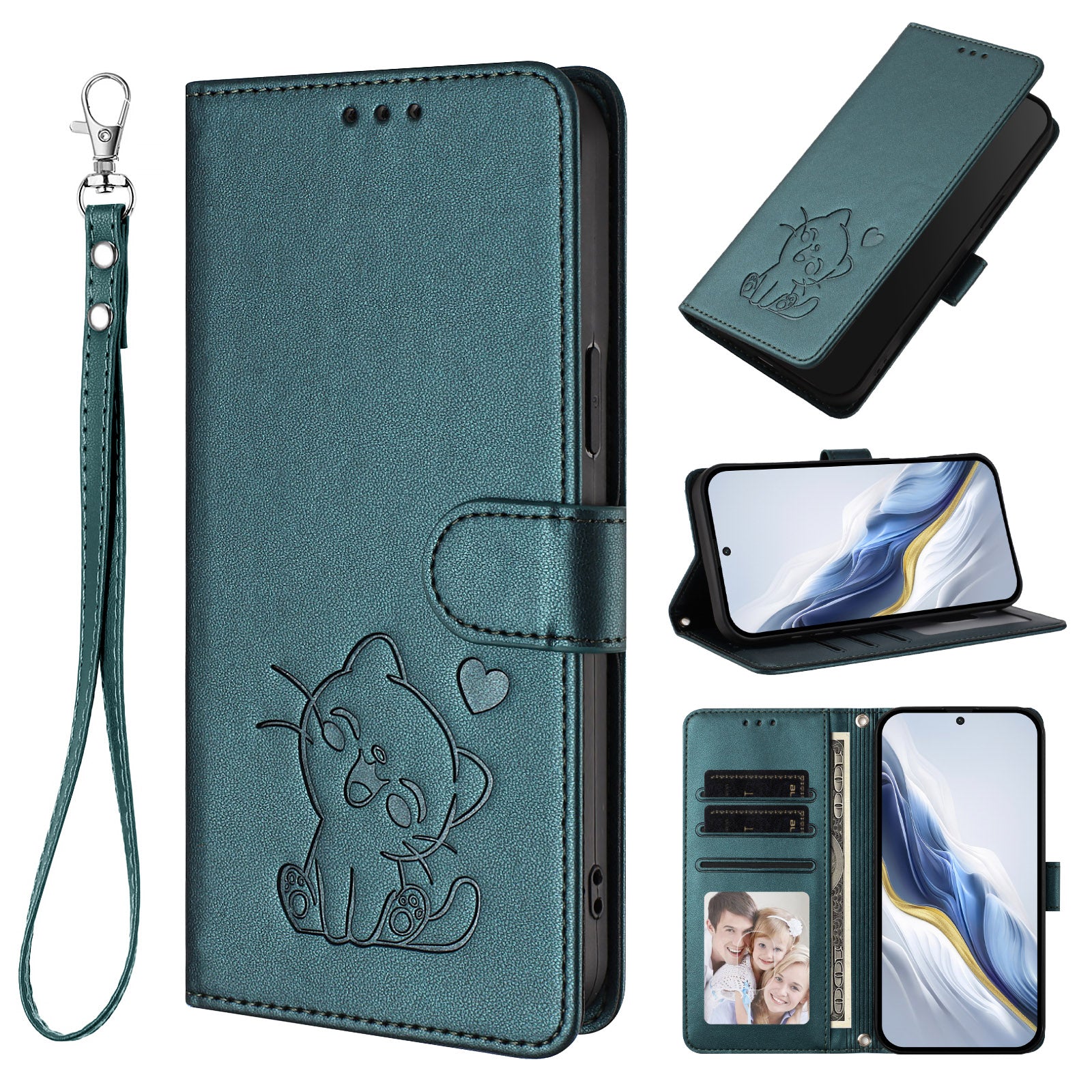For Motorola Edge 70 5G Wallet Case with Wrist Strap Love Cat Pattern Imprint Leather Phone Cover - Green