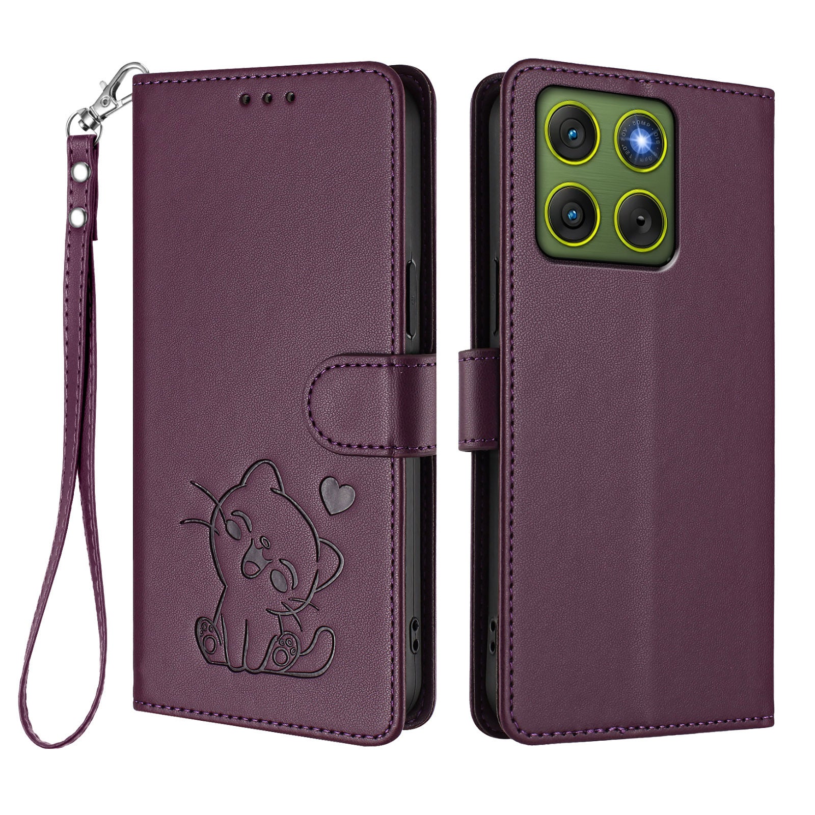 For Motorola Edge 70 5G Wallet Case with Wrist Strap Love Cat Pattern Imprint Leather Phone Cover - Purple