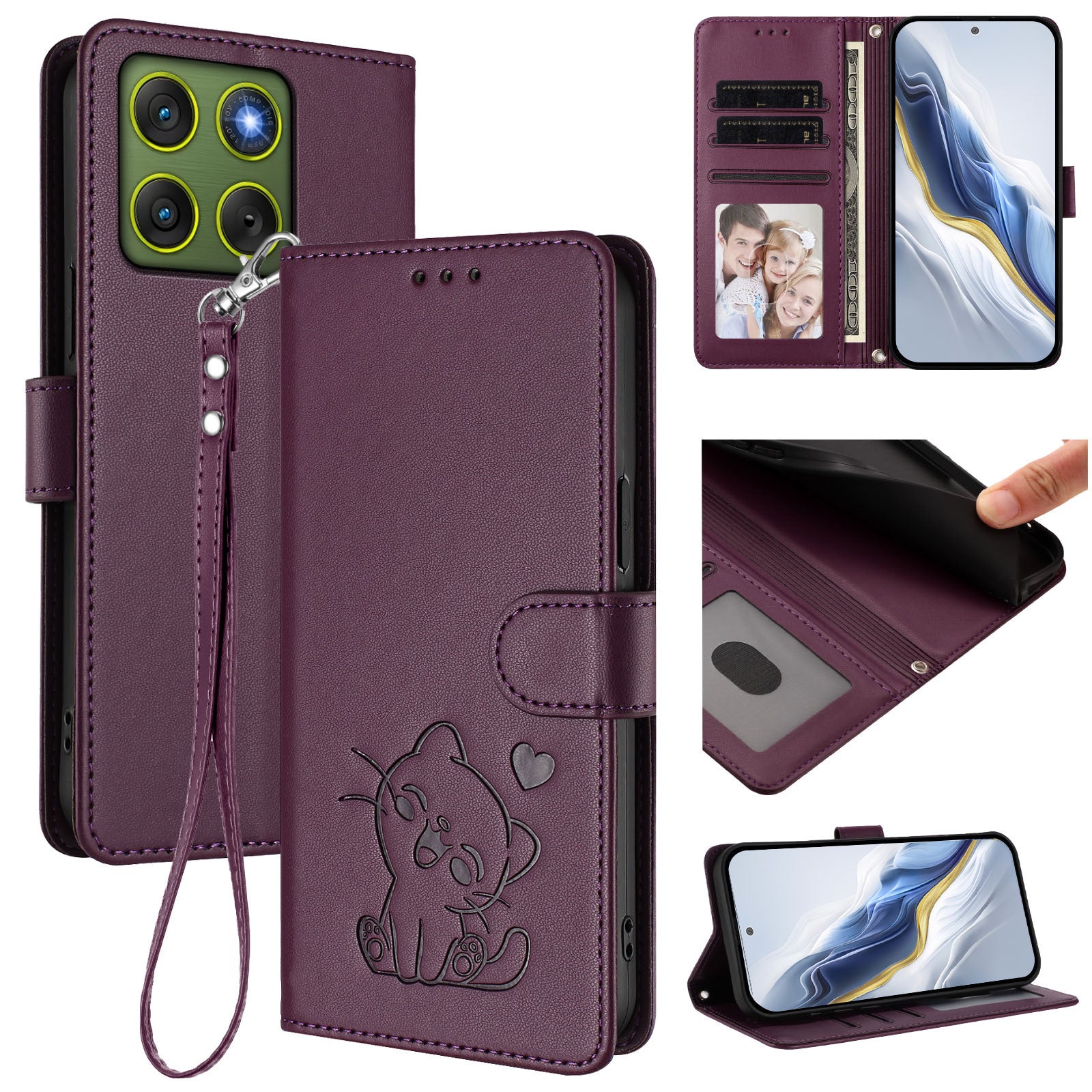 For Motorola Edge 70 5G Wallet Case with Wrist Strap Love Cat Pattern Imprint Leather Phone Cover - Purple