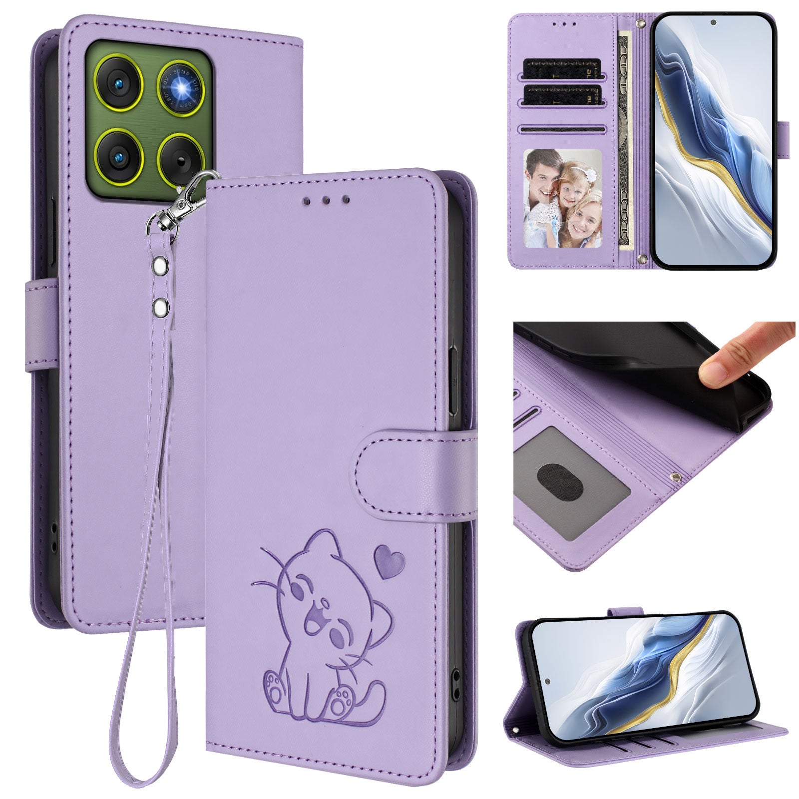 For Motorola Edge 70 5G Wallet Case with Wrist Strap Love Cat Pattern Imprint Leather Phone Cover - Light Purple