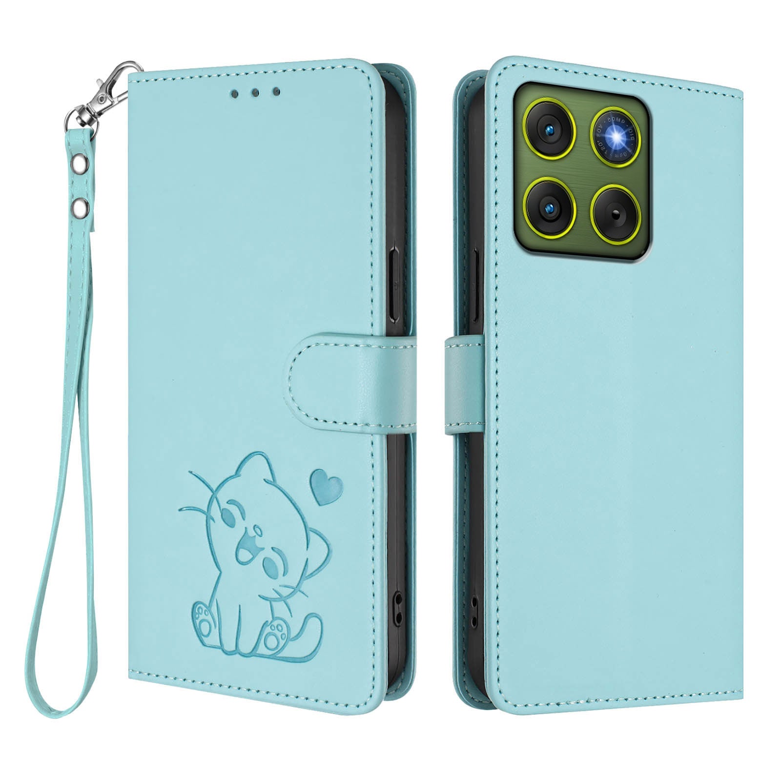For Motorola Edge 70 5G Wallet Case with Wrist Strap Love Cat Pattern Imprint Leather Phone Cover - Mint Green