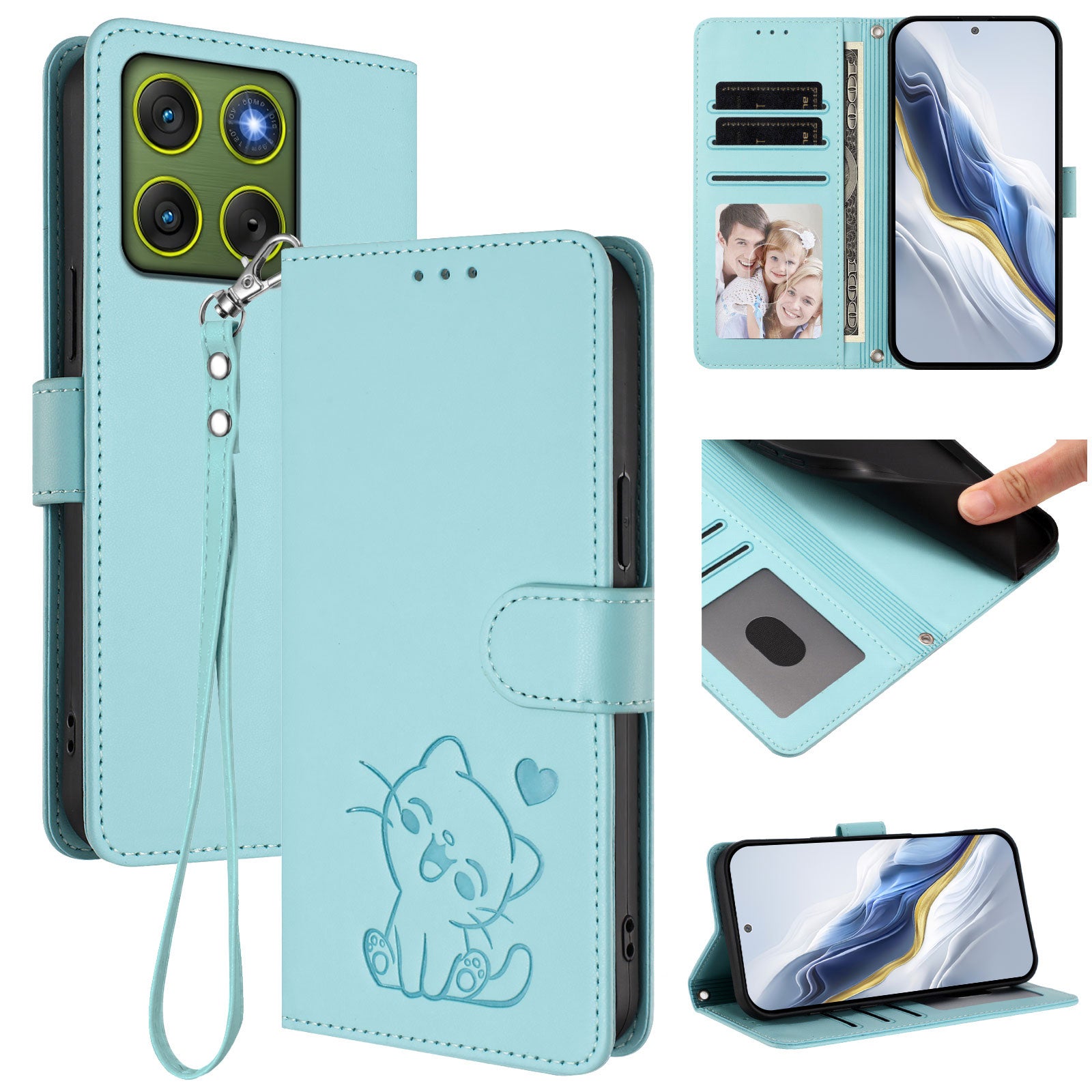 For Motorola Edge 70 5G Wallet Case with Wrist Strap Love Cat Pattern Imprint Leather Phone Cover - Mint Green