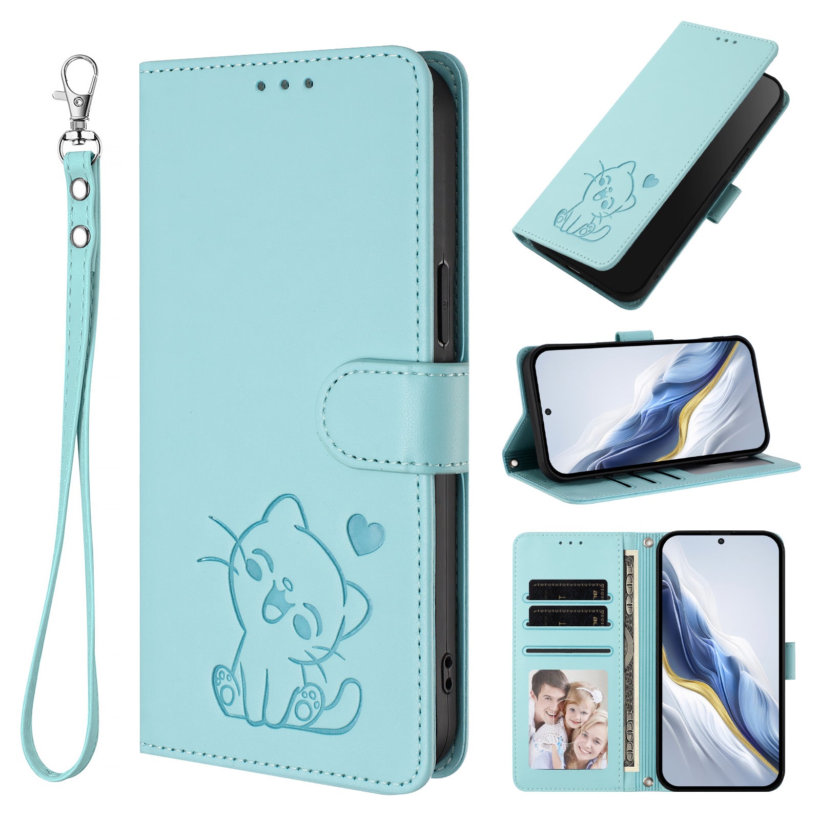 For Motorola Edge 70 5G Wallet Case with Wrist Strap Love Cat Pattern Imprint Leather Phone Cover - Mint Green
