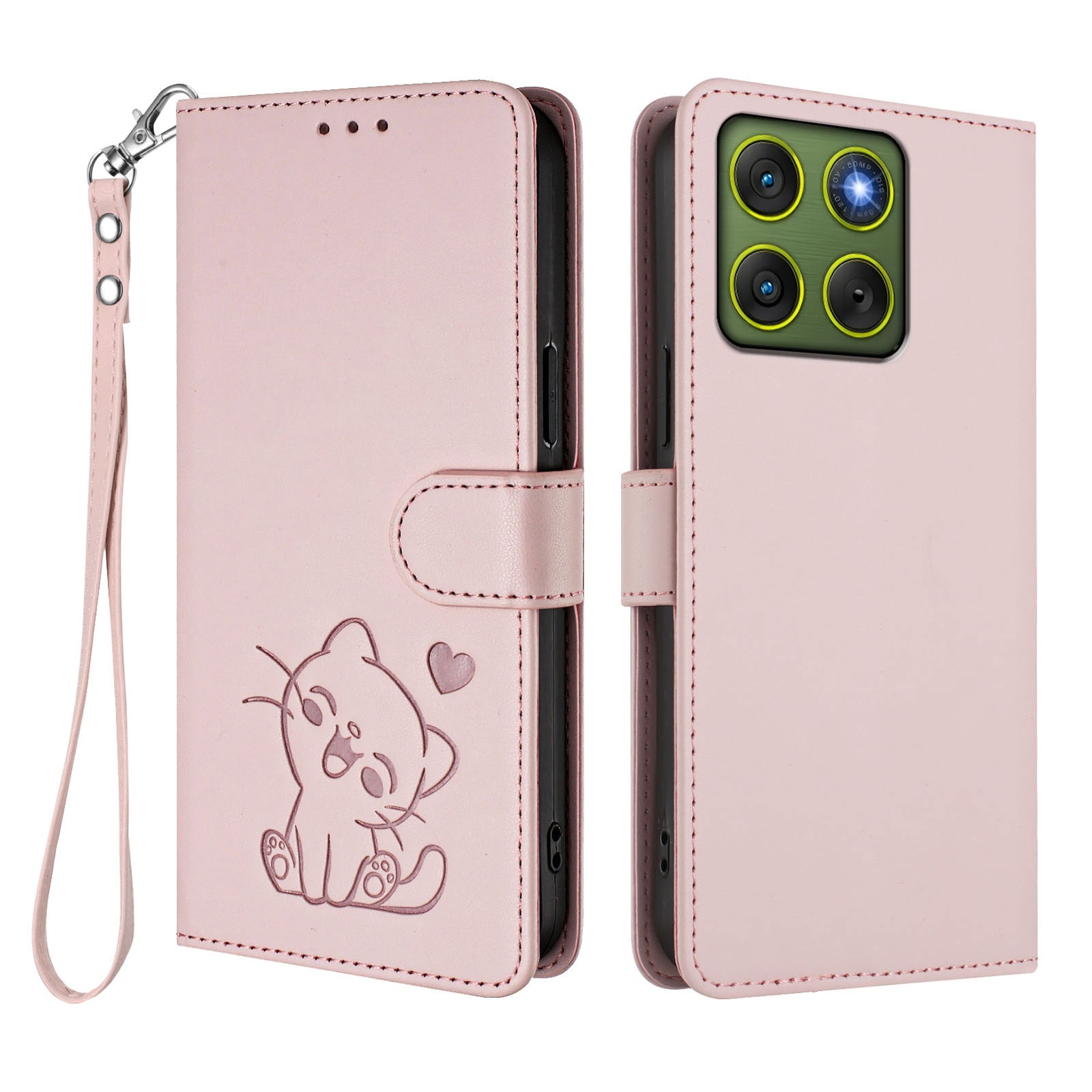 For Motorola Edge 70 5G Wallet Case with Wrist Strap Love Cat Pattern Imprint Leather Phone Cover - Pink