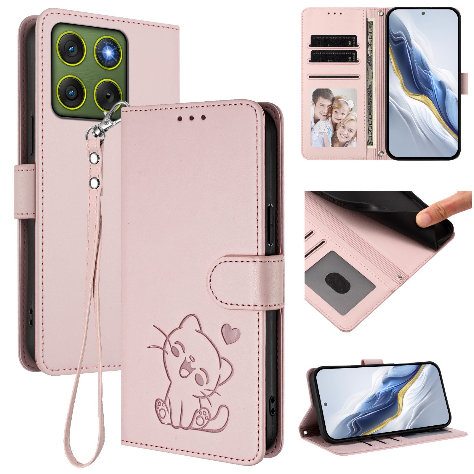 For Motorola Edge 70 5G Wallet Case with Wrist Strap Love Cat Pattern Imprint Leather Phone Cover - Pink