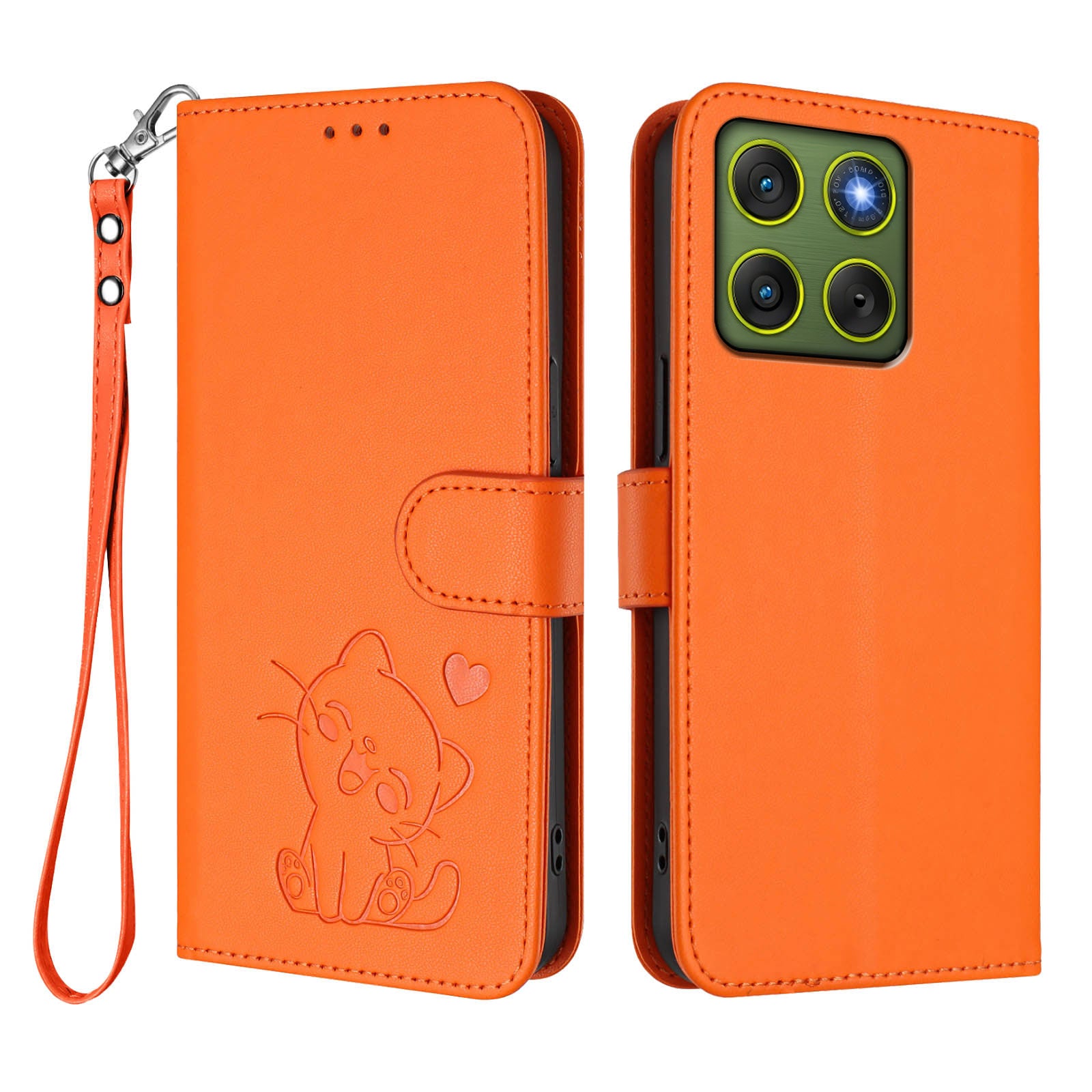 For Motorola Edge 70 5G Wallet Case with Wrist Strap Love Cat Pattern Imprint Leather Phone Cover - Orange
