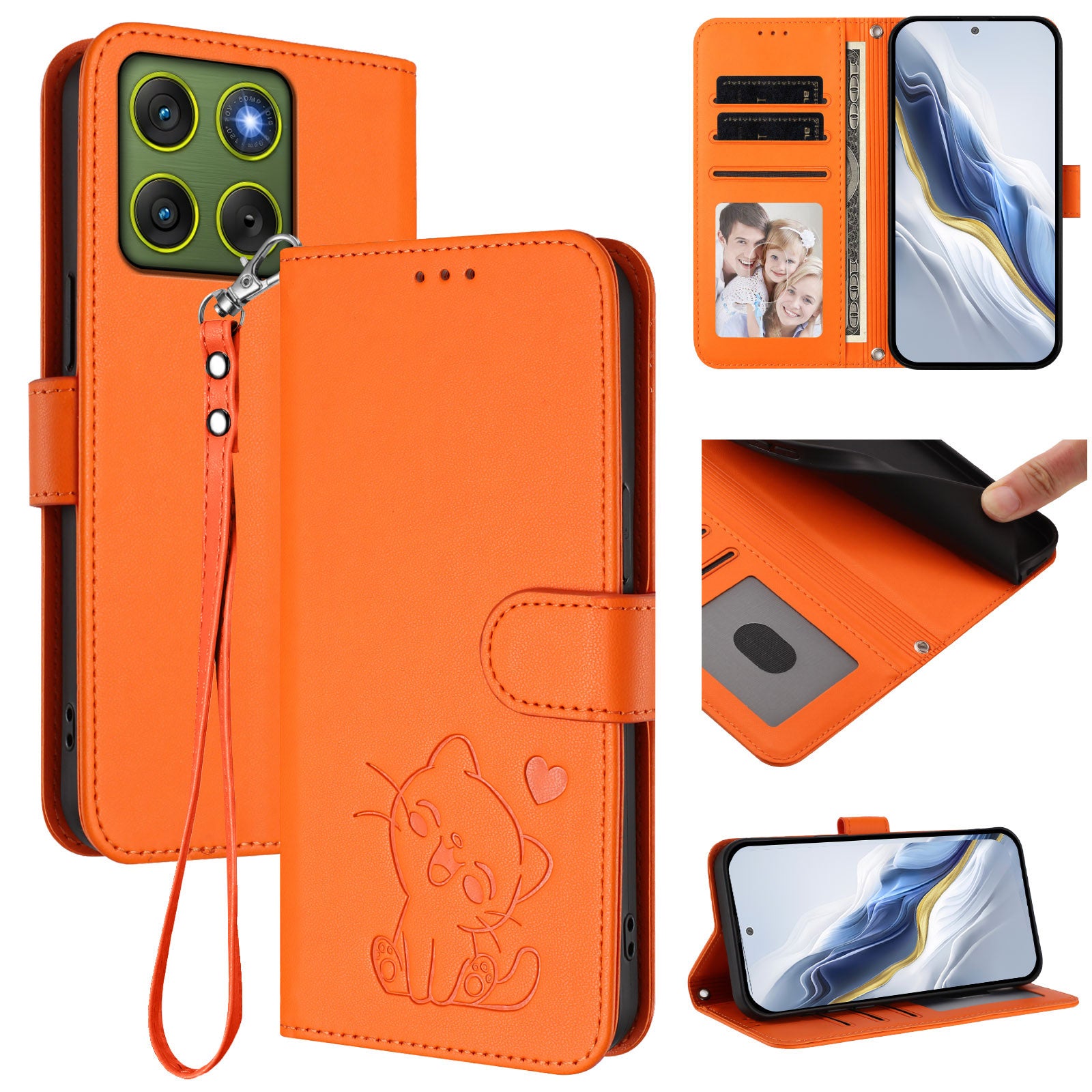 For Motorola Edge 70 5G Wallet Case with Wrist Strap Love Cat Pattern Imprint Leather Phone Cover - Orange