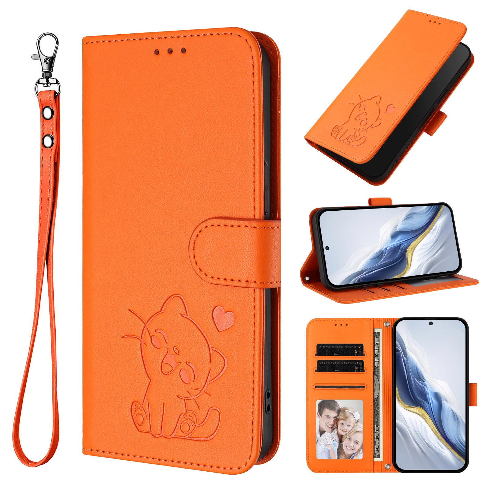 For Motorola Edge 70 5G Wallet Case with Wrist Strap Love Cat Pattern Imprint Leather Phone Cover - Orange