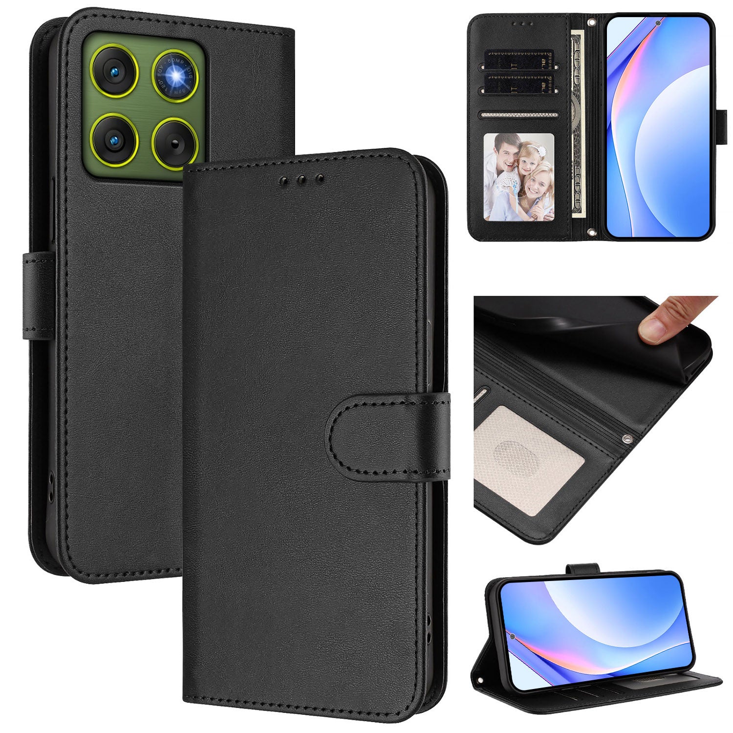For Motorola Edge 70 5G Wallet Case RFID Blocking Calf Texture Leather Stand Phone Cover with Strap - Black