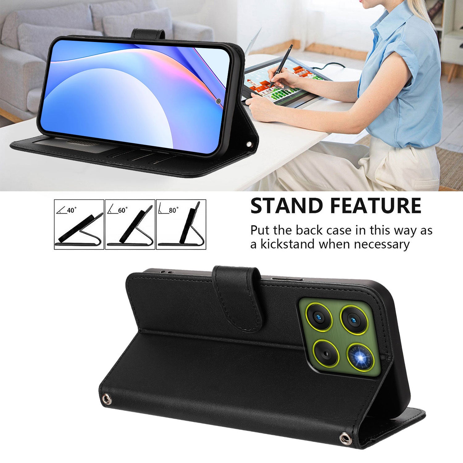 For Motorola Edge 70 5G Wallet Case RFID Blocking Calf Texture Leather Stand Phone Cover with Strap - Black